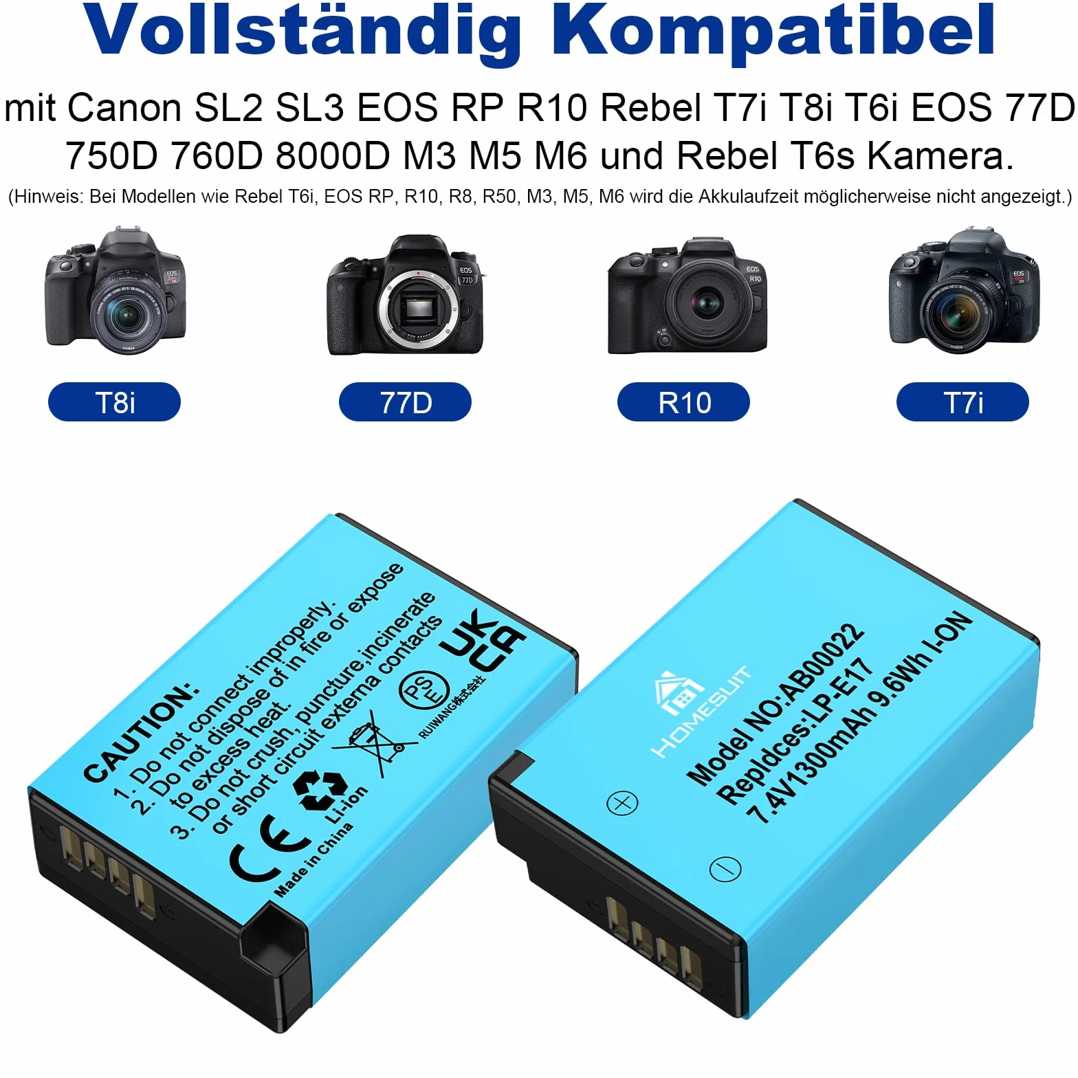 Homesuit 2er-Pack LP-E17 Akku 1300mAh & Typ-C LED Dual Ladegerät Kit für Canon EOS RP, R8, R10, R50, R100, M3, M5, M6, 200D, 77D, 750D, 760D, 800D, 8000D, Rebel SL3, SL2, T8i, T7i, T6i, T6s und mehr