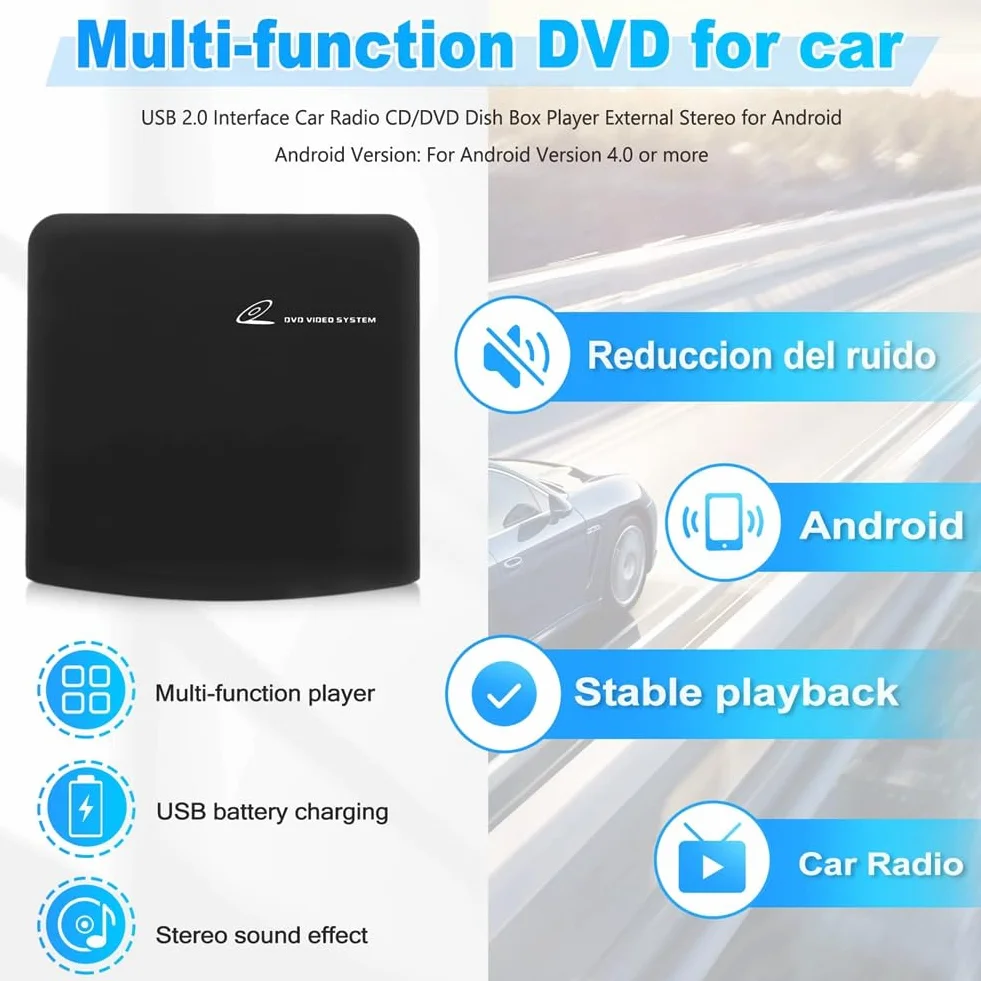 CD/DVD Player Auto Extern, Tragbarer CD Player Auto Radio DVD Player mit USB-Anschluss, CD/DVD-Dish Box Player Stereoanlage, für Android Autoradio, Laptop & Fernseher, Universell
