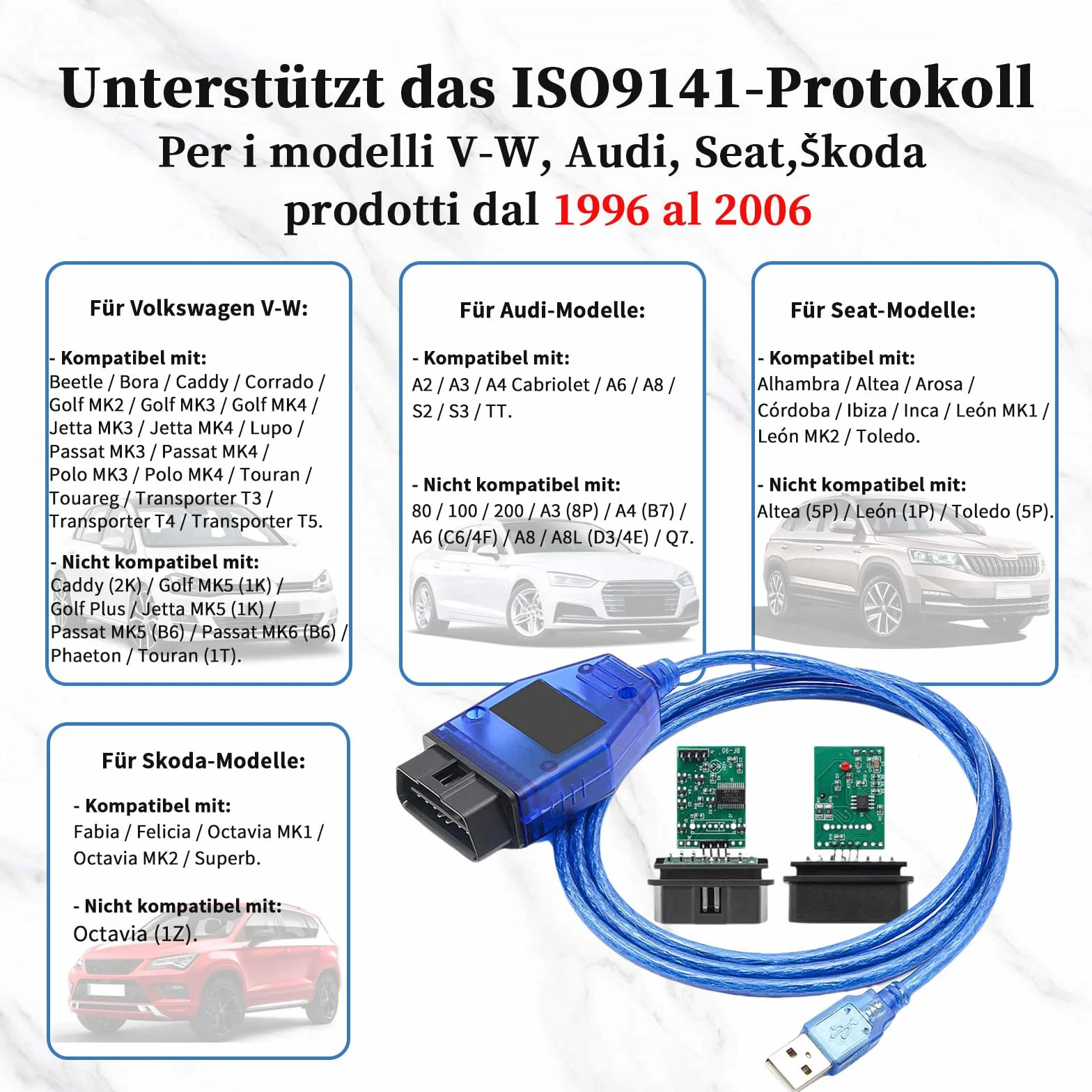 KKL 409.1 Diagnosekabel mit Original-FTDI-FT232RL-Chip,kompatibel mit V-vv, Audi, Seat,Volk-s,Skoda Fahrzeugen von 1996-2009,KKL 409 OBD2-USB-Kabel für V A G-COM-Software unter Windows XP