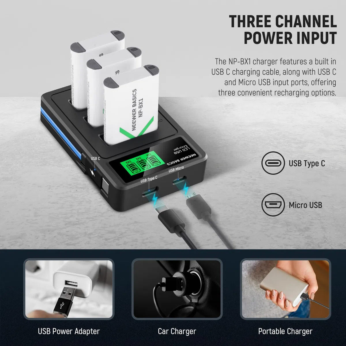 NEEWER Basics 3 Stück NP-BX1 Ersatzbatterien mit USB Dreifach Ladegerät, 1090mAh Kamera Backup Stromversorgung Kompatibel mit Sony ZV1 ZV-1 II Cybershot RX100 RX100II RX100M II HDR-AS15 HDR-AS30