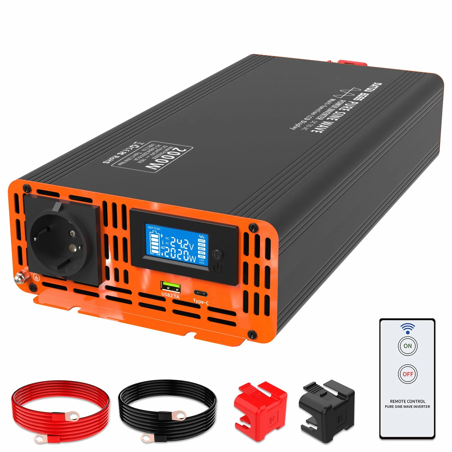 DATOUBOSS Wechselrichter 24V DC auf 230V AC Reiner Sinus 2000W/4000W, Spannungswandler 24V 230V LCD-Display und 1x USB + 1x Type-c Spannungswandler Reiner Sinus Inverter Pure Sine Wave