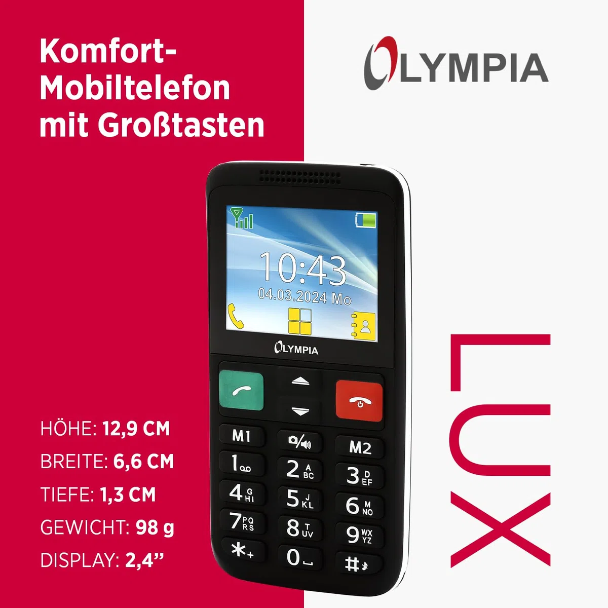 Olympia Mobiltelefon LUX | Komfort-Mobiltelefon mit Großtasten | Farb-Display | SOS-Taste | Seniorenhandy ohne Vertrag | Dual SIM, MicroSD-Slot, Bluetooth | Taschenlampe | inkl. Ladeschale | Schwarz