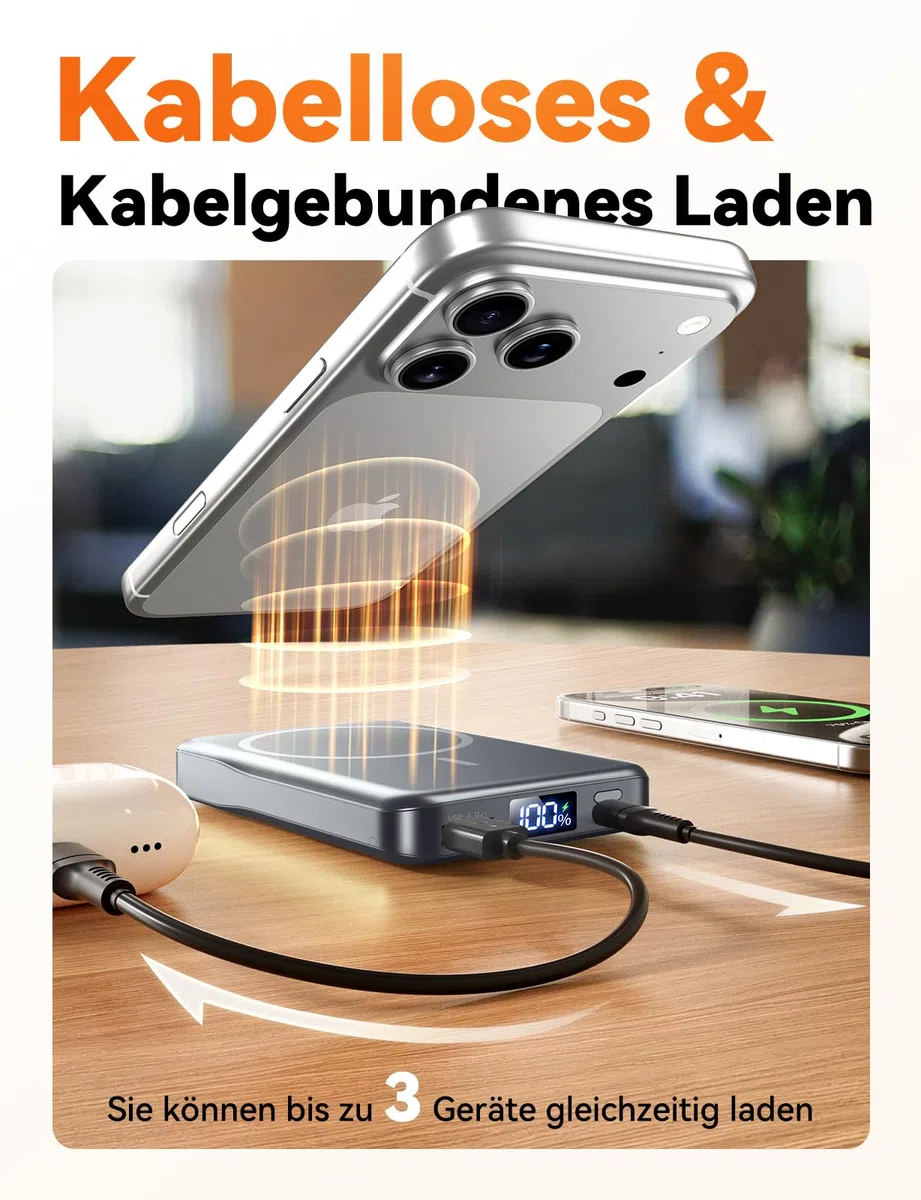 Powerbank für MagSafe, 10000mAh Magnetische Power Bank ohne Kabel, 20W PD Schnellladegerät, Kabelloses Magnetladegerät mit USB-C EIN-/Ausgang, LED-Anzeige für iPhone 17/16/15/14/13/12/Pro/Pro Max