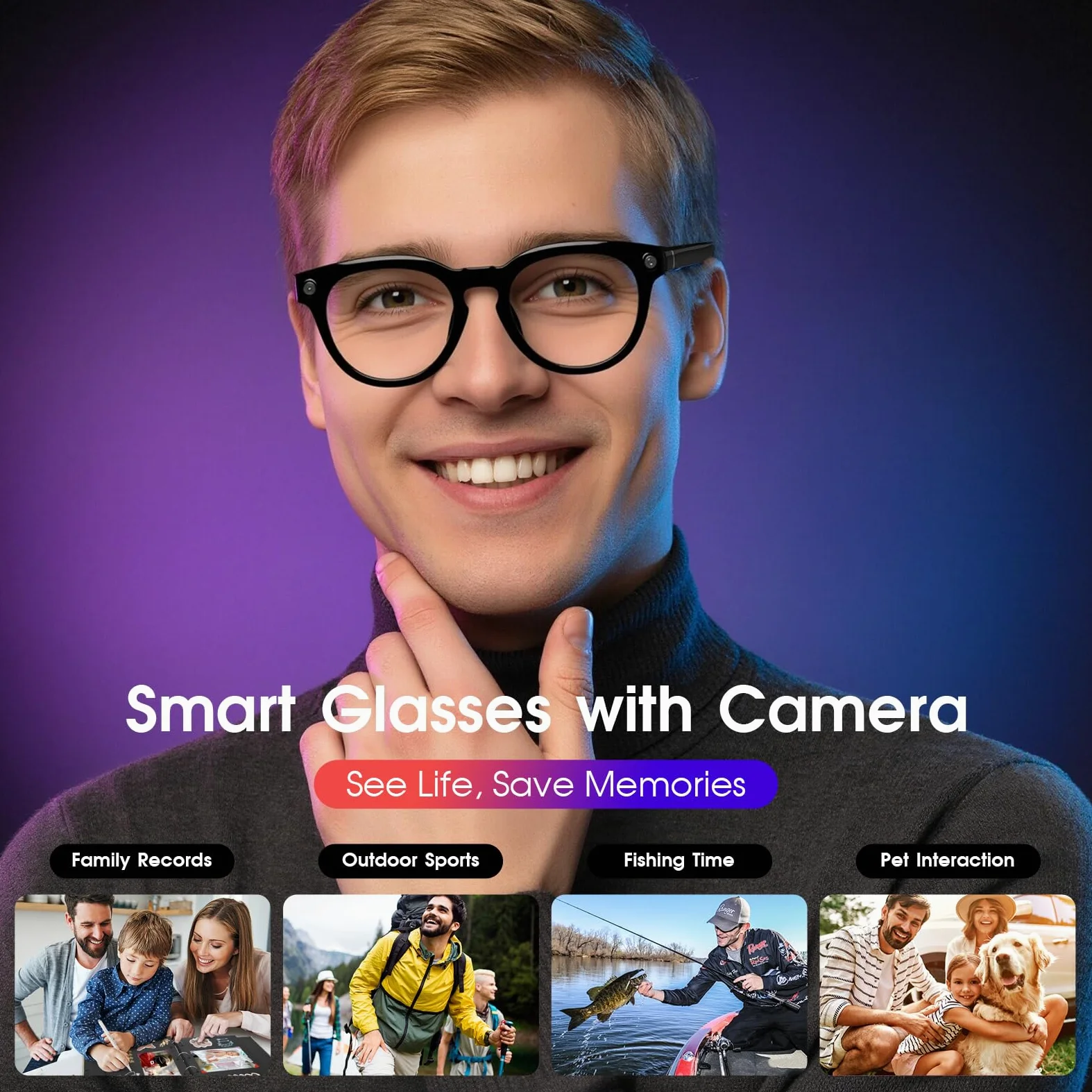 AI Smart Glasses mit Kamera, 8MP HD Kamera Brille, Lautsprecher mit Offener Rückseite, Photochrome Gläser, Unterstützt Foto, Videos, KI Brille für Outdoor-Aktivitäten, Radtouren, Wandern, Reisen