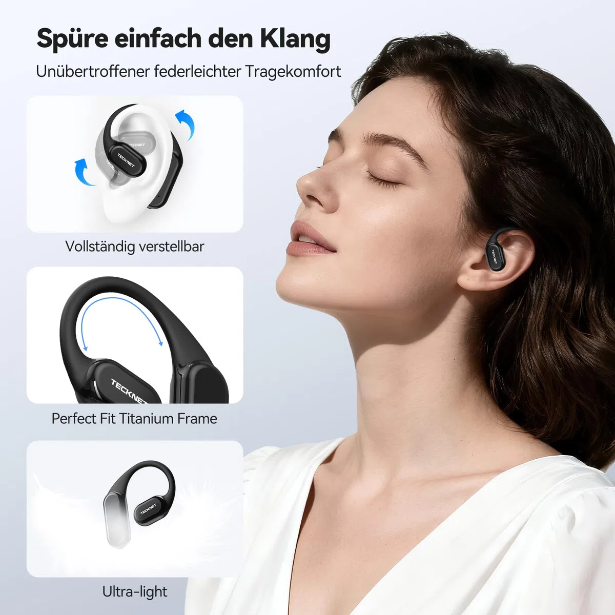 TECKNET Open-Ear Kopfhörer, Bluetooth Knochenschall Kopfhörer Kabellos, 60 Stunden Spielzeit und Schnellladung, IP68 Wasserdicht, Leicht Sport Kopfhörer Kabellose Mit Tragekoffer