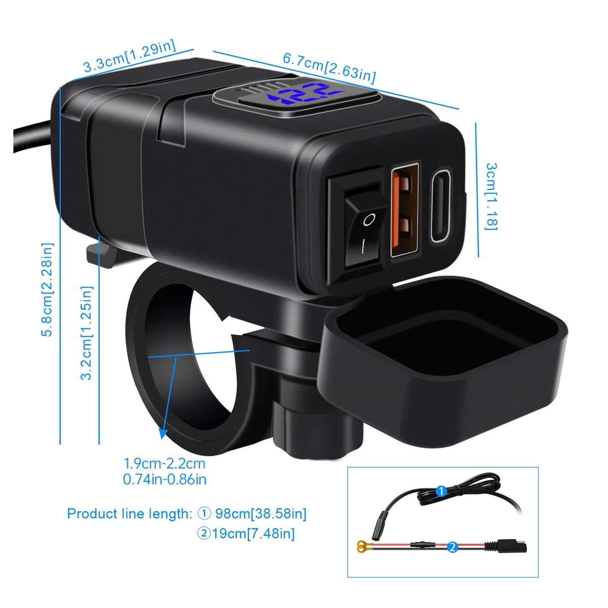 12V USB Steckdose Auto Ladegerät mit Schalter, Auto USB Ladegerät KFZ QC3.0 PD Type C mit Switch, KFZ LadegerätUSB C Wasserdicht für Wohnmobil Motorrad Boot Yacht (Blau)