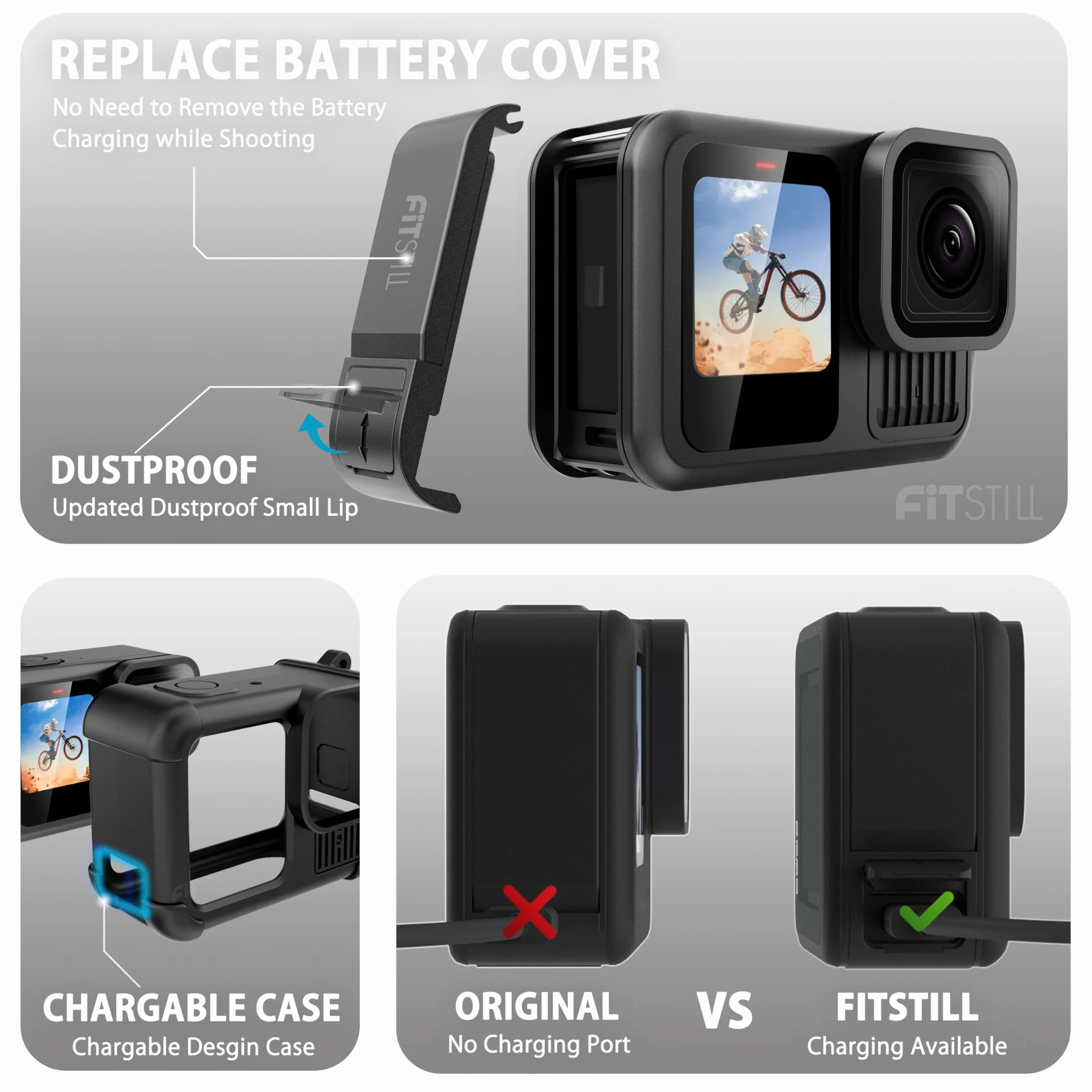 FitStill Schutz-Aufbewahrungsset für Go Pro Hero 13 schwarz, PU-Mini-Tragetasche, Silikon-Schutzhülle austauschbare Akku-Seitenabdeckung & Displayschutz & Objektivdeckel & Trageband für Hero13-Zubehör