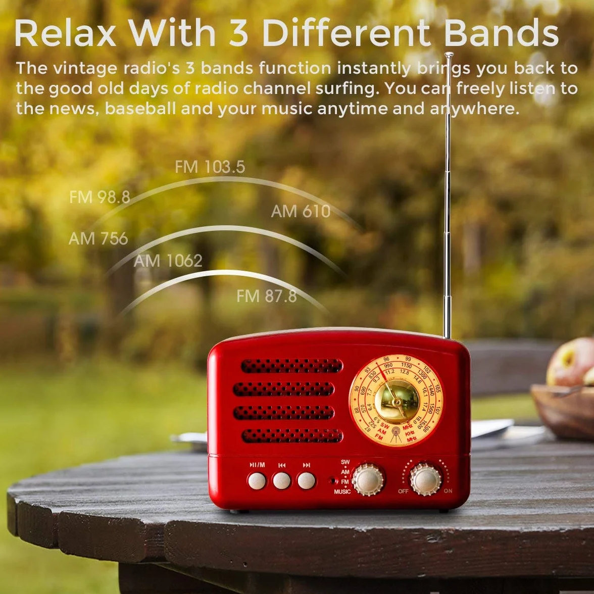 PRUNUS J-160 AM/FM/SW Retro Radio mit Bluetooth, Nostalgie Radio Klein mit 1800mAh Akku, Kleines Radios Küchenradio, Transistorradio Unterstützt USB/TF/Aux Funktion.(Rot)