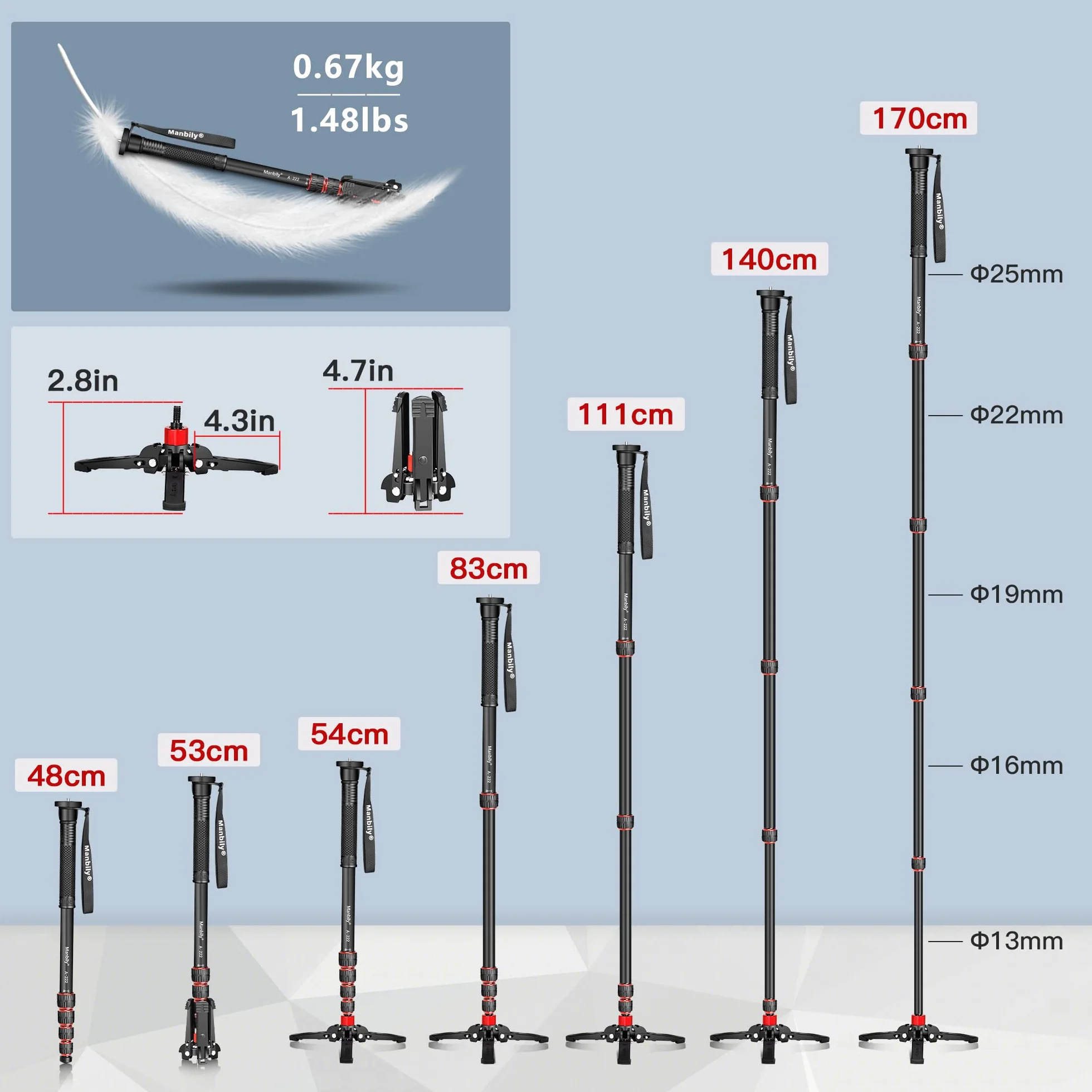 Manbily ausziehbares Kamera-Einbeinstativ aus Aluminium mit Füßen, tragbarer Reise- und abnehmbarer Stativfuß für DSLR Canon/Sony/Handy, 5 Abschnitte bis zu 170 cm, maximale Belastung 15,5 lbs (A-222)