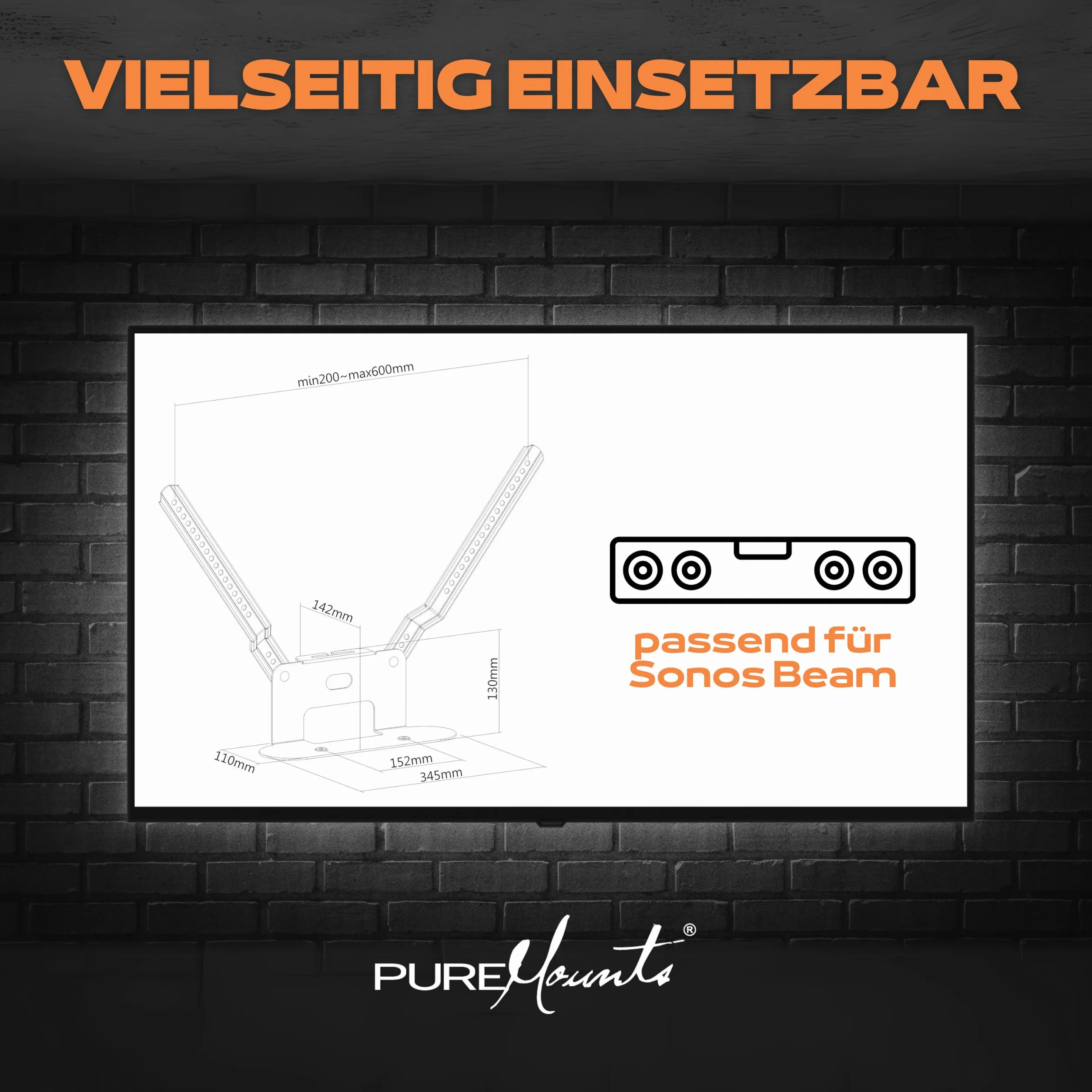PureMounts PM-SOM-080 Halterung zur direkten Montage am TV, kompatibel mit SONOS BEAM Soundbar, Traglast: 5kg, schwarz