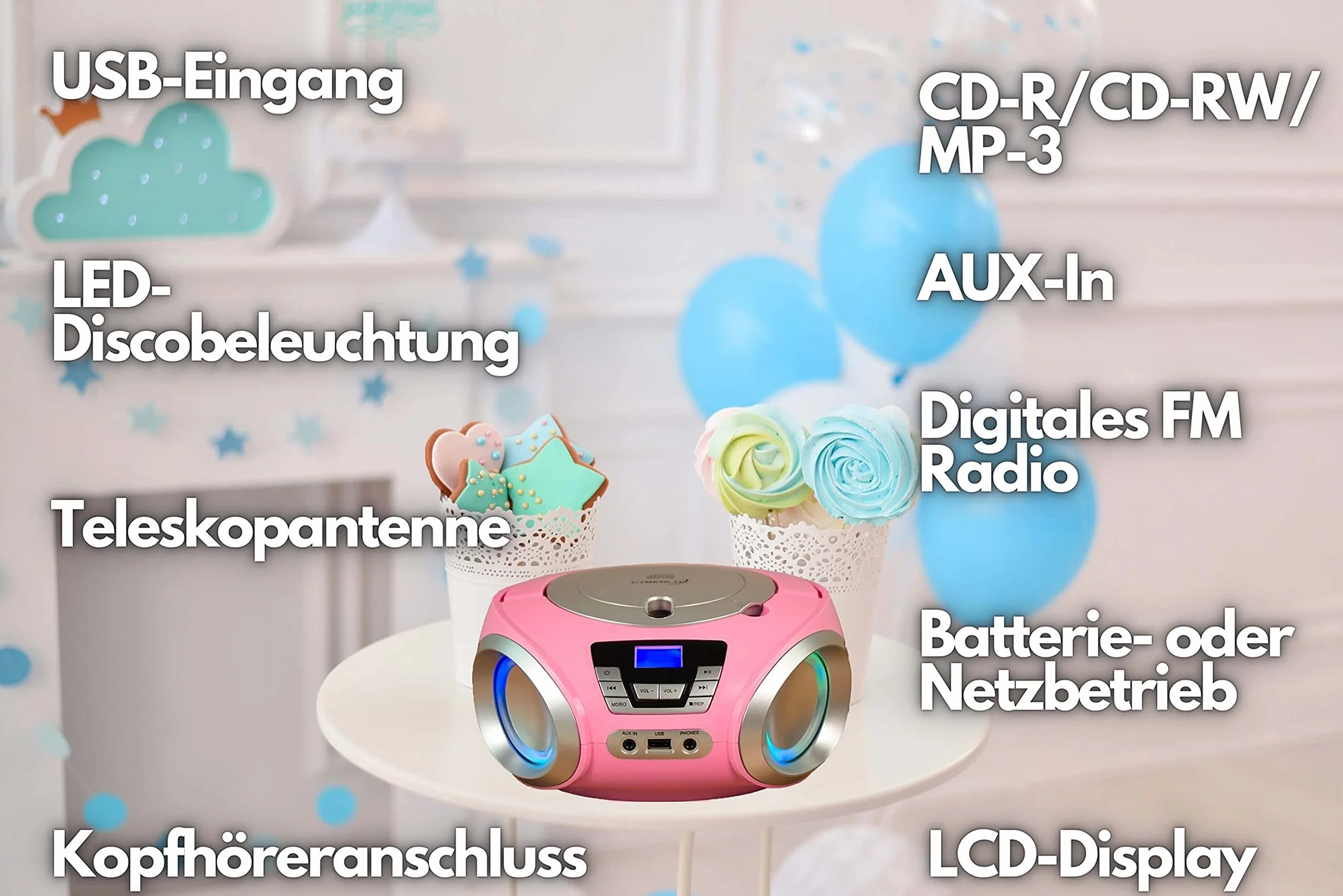 Cyberlux CD-Player mit LED-Beleuchtung, Kopfhöreranschluss, tragbares Stereoradio, Kinderradio, Stereoanlage, USB, CD/MP3-Player, UKW-Radio, Kopfhöreranschluss, Aux in Pretty Kitty Pink