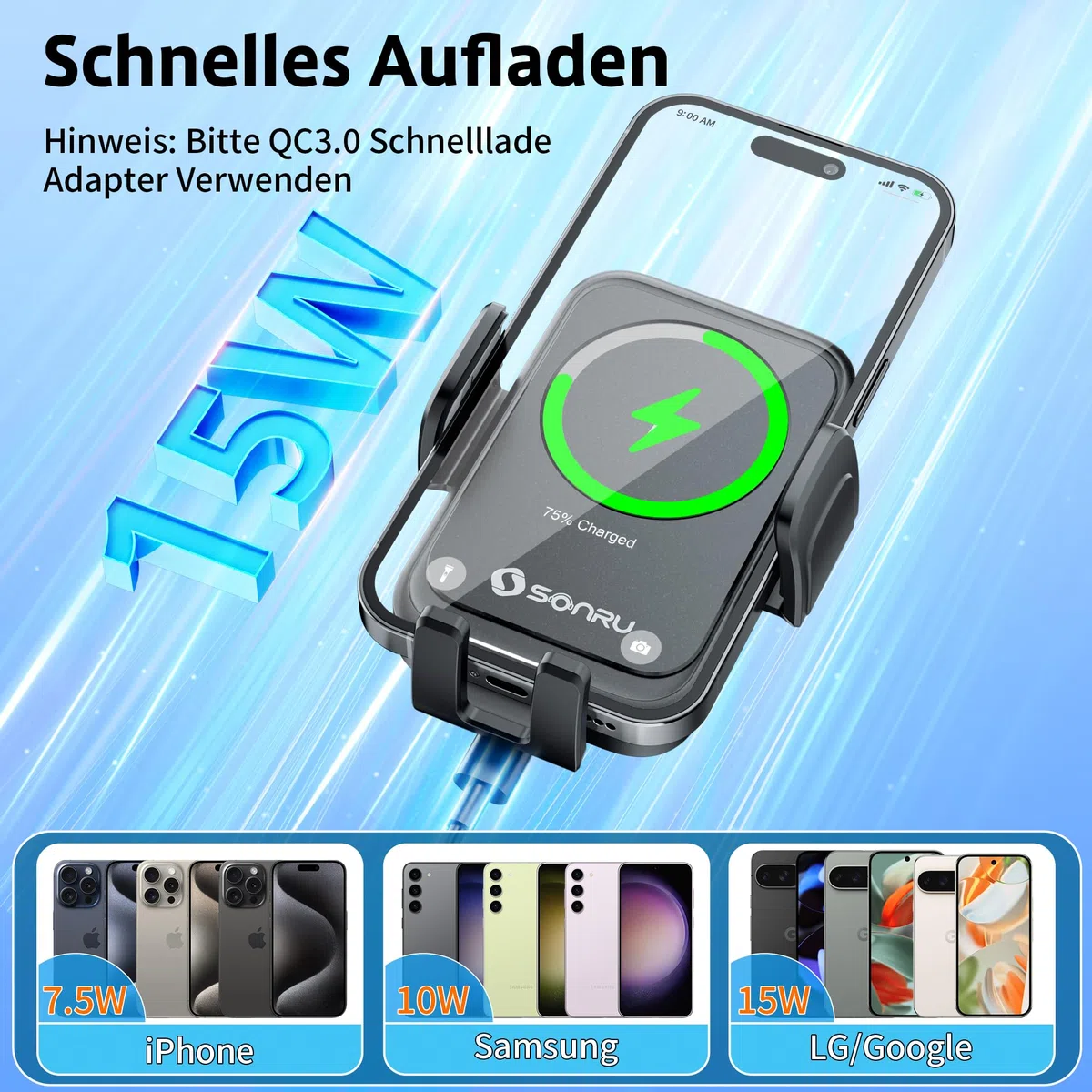 SONRU Handyhalterung Auto mit Ladefunktion,15W Kfz Handyladestationen Handy Halterung Auto Induktives Laden,Handyhalterung Auto Lüftung Saugnapf für Samsung iPhone LG Google Pixel