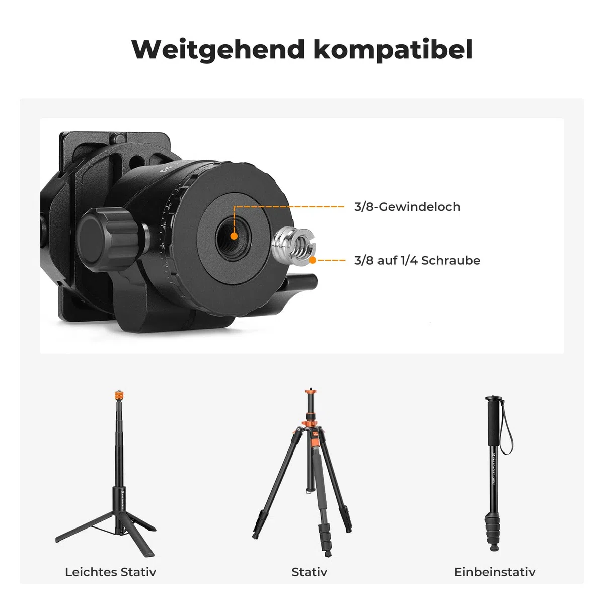 K&F Concept Kugelkopf Stativkopf, Kamera Kugelkopf mit 1/4 Zoll Schnellwechselplatte und Wasserwaagee, 10 kg Tragkraft, für Stativ, Einbeinstativ, Kamera Slider, Spiegelreflexkamera