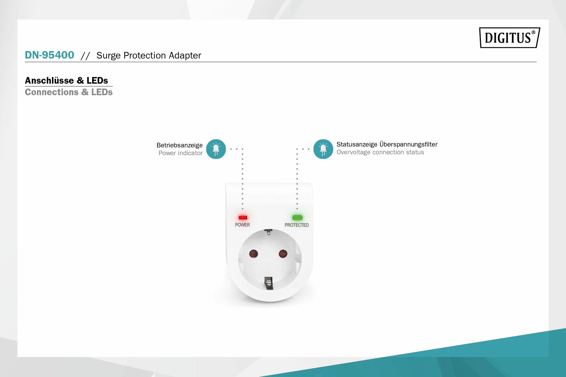 DIGITUS DN-95400 – Überspannungs-Schutzadapter – 5 Stück – 16 A / 230 V / 50 Hz – Max. 3.500 W – LED Status-Anzeige – Ableitstrom Max. 13.500 A – Weiß | 16 A / 230 V / 50 Hz – Max. 3.500 W – Schutzkontaktsteckdose – LED Status-Anzeige – Weiß