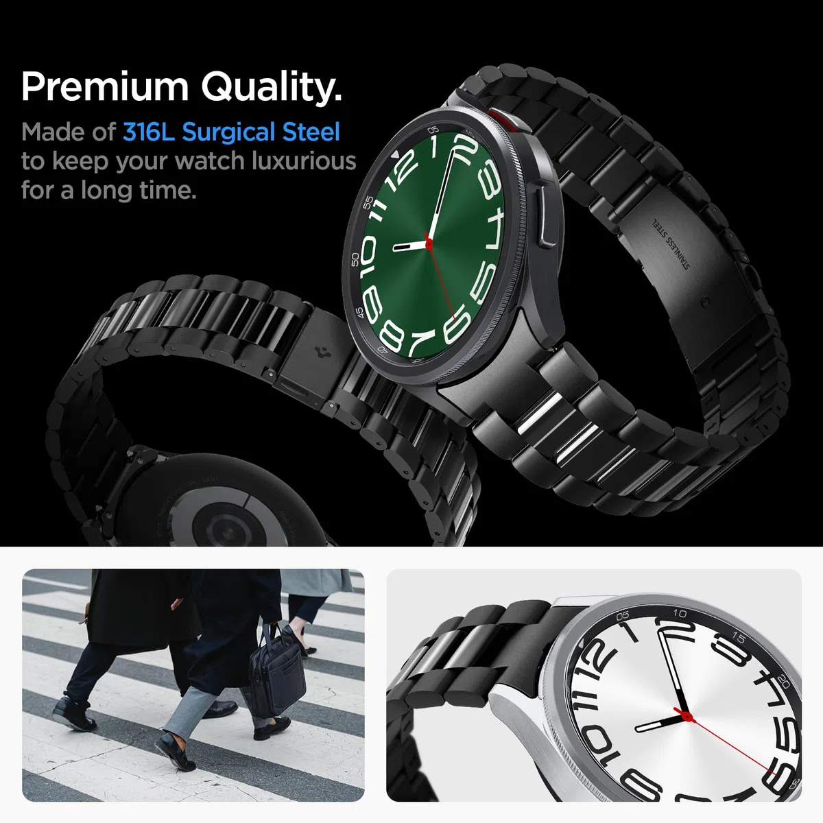 Spigen Modern Fit Metall 316L Armband Kompatibel mit Samsung Galaxy Watch 6 Classic 47mm (2023) Edelstahl - Schwarz