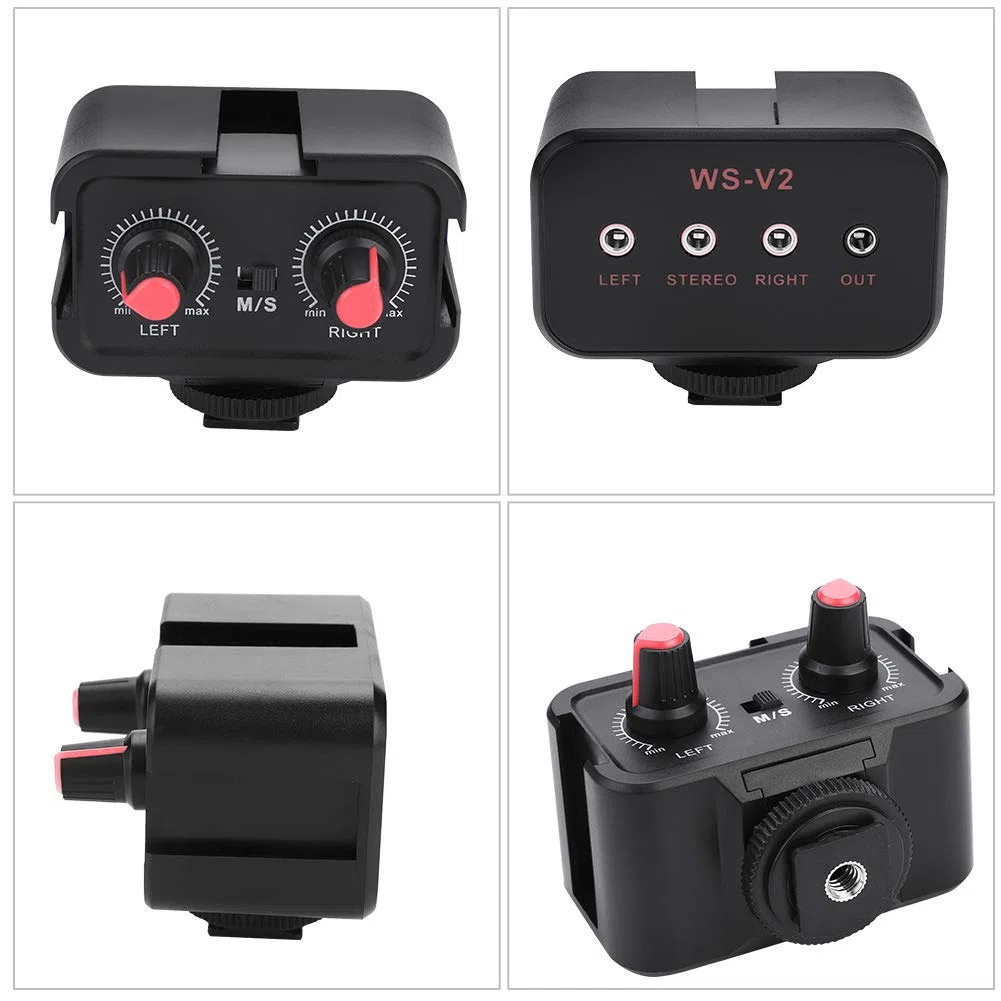 2-Kanal-Kamera-Mikrofon-Audiomixer für DSLR-Kameras, universeller tragbarer Mikrofon-Audioadapter-Mixer mit 3,5-mm-Eingängen, DREI Montageschuhen, Zwei Trimmregler, Zwei Stereo/Mono-Adapter
