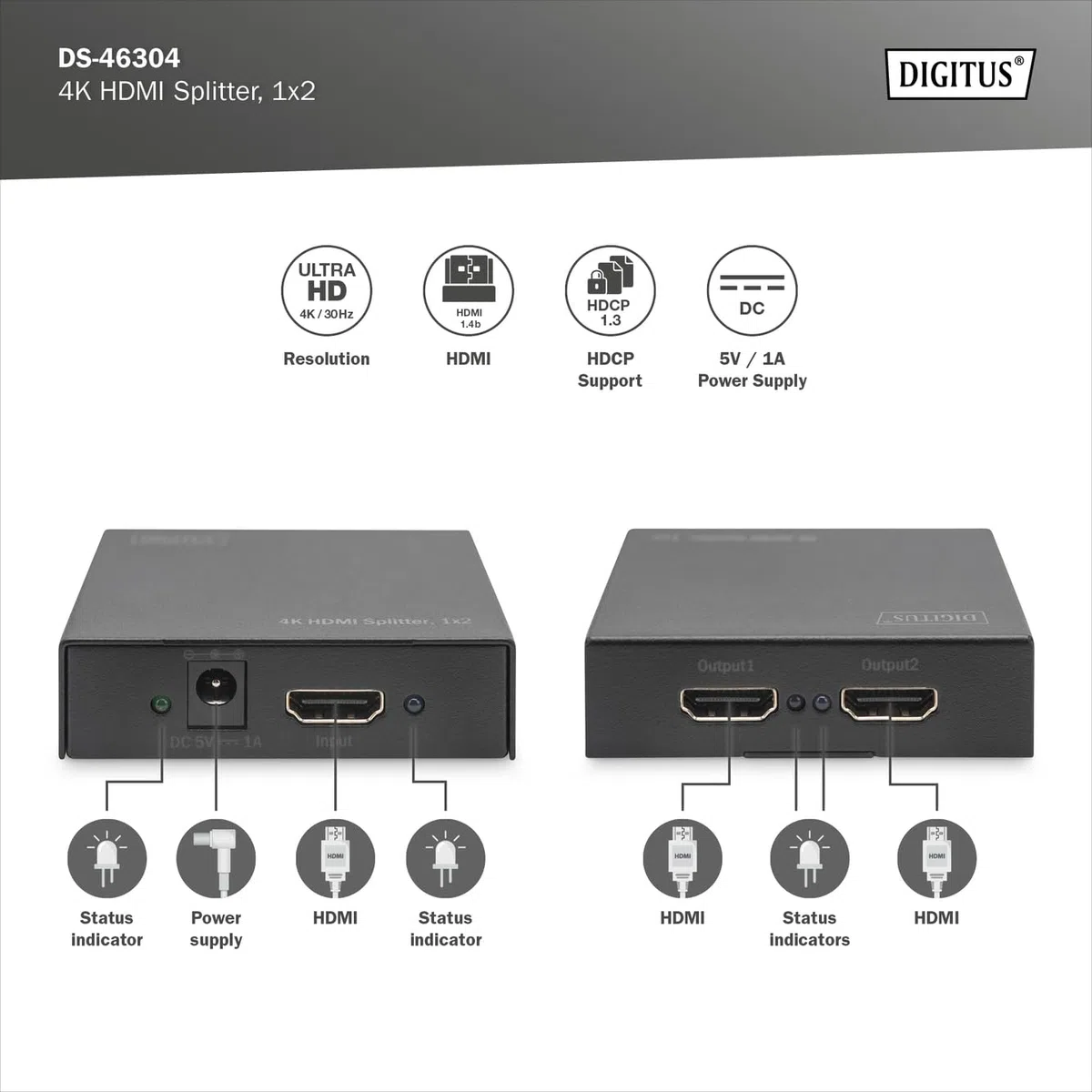 DIGITUS HDMI Splitter 1x2 – In 1-Port, Out 2-Port – UHD 4K 30Hz | HDCP 1.3 – DTS Digital, Dolby Digital, DTS-HD, Dolby True HD, DSD Audio, HD/HBR
