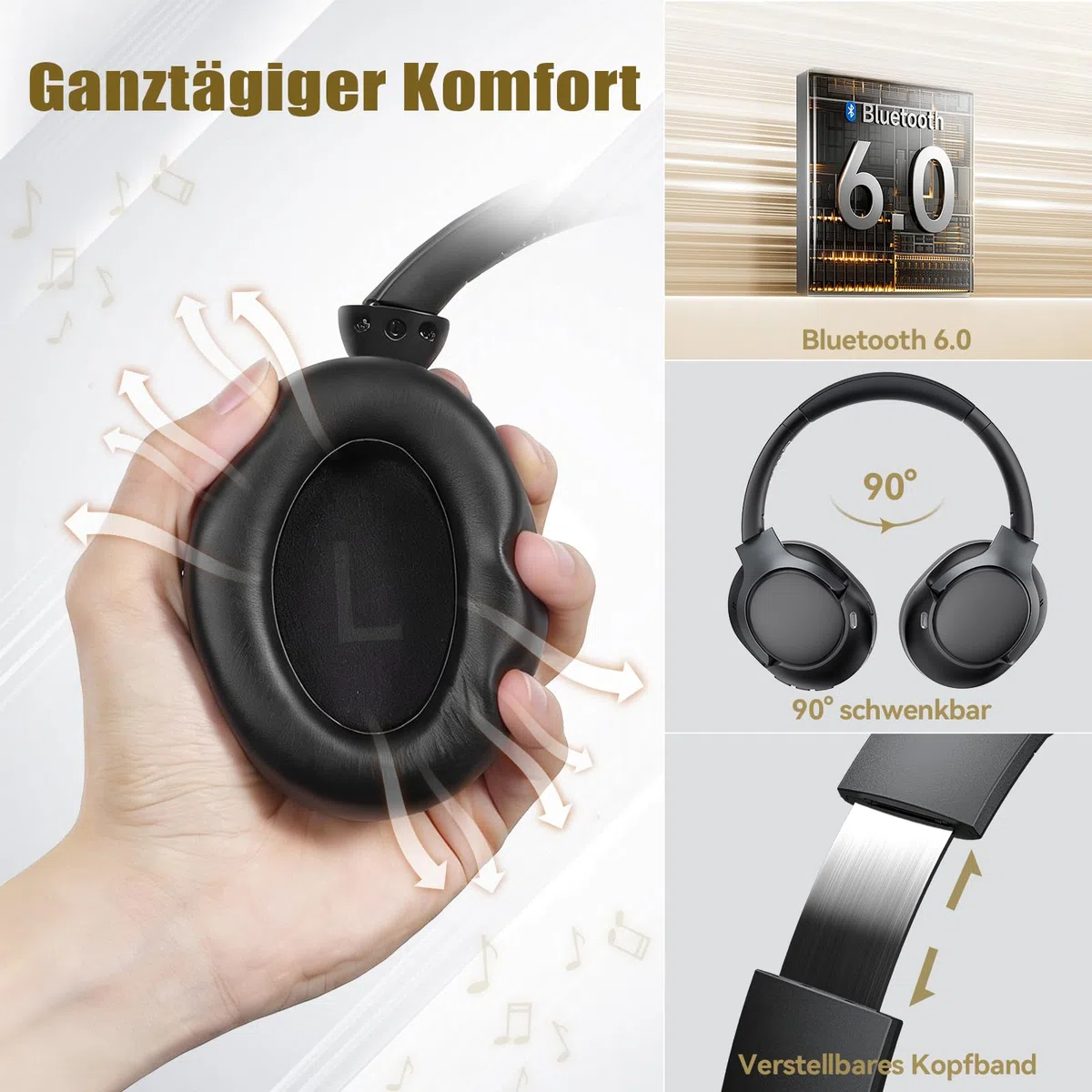 TECKNET Over Ear Kopfhörer Bluetooth mit Hybrid Active Noise Cancelling, Kabellose Bluetooth 6.0 Kopfhörer, 70 Std. Wiedergabezeit, 6 EQ-Modi, 3,5-mm-Audiokabel für Zuhause, Reisen und Büro, Schwarz