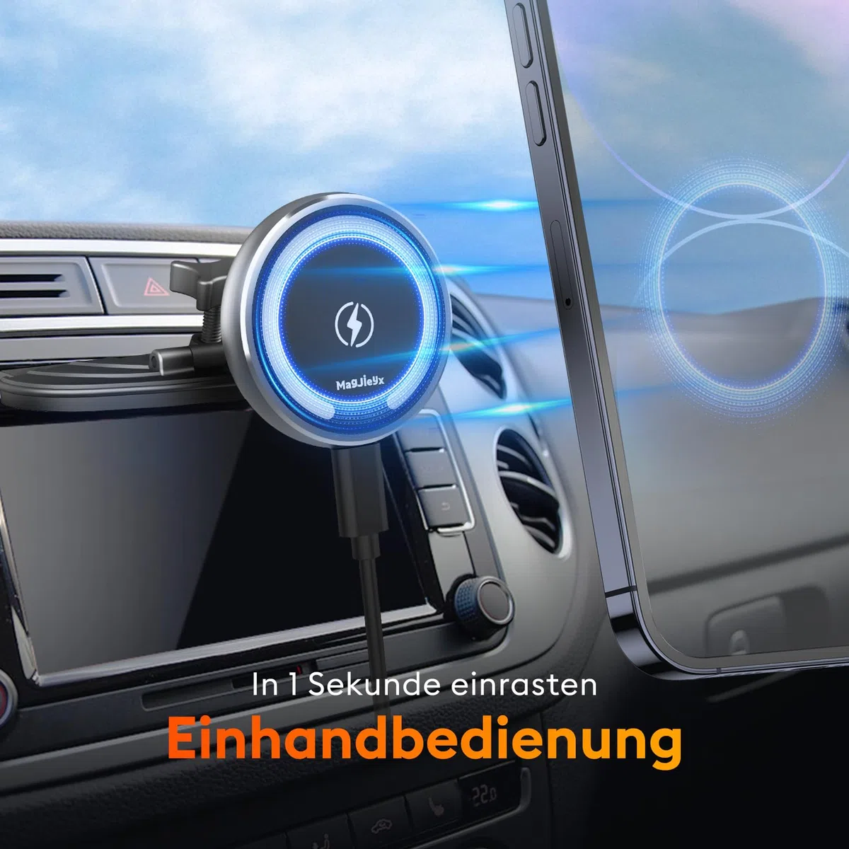 MAGJIEYX für Magsafe Autohalterung mit Ladefunktion, Handyhalterung Auto Ladegerät CD Schlitz 15W Schnellladen mit 3M Dashboard Klebepad Starke Magnetkraft für iPhone 16 15 14 13 12 Auto Zubehör Grau
