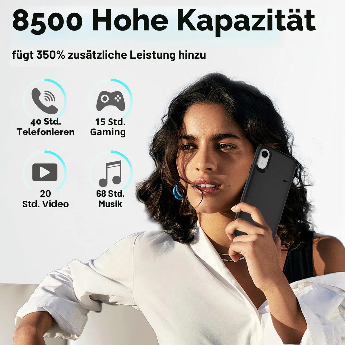 Akkuhülle für iPhone XR, 8500mAh schlanke wiederaufladbare Hülle mit erweiterter Ladefunktion Powerbank mit Standfuß, tragbare Schutzhülle mit Akku für iPhone XR, 6,1 Zoll – Schwarz