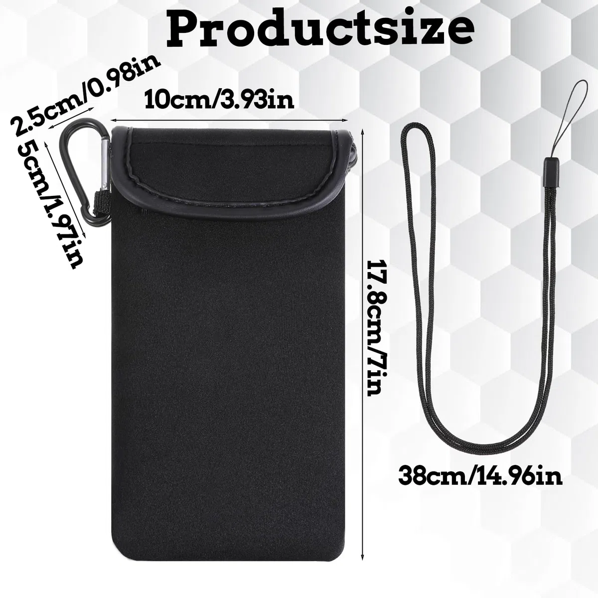 Neopren Handy Tasche mit Umhängeband und Karabiner Universelle Handytasche 7 Zoll Lang (Schwarz)