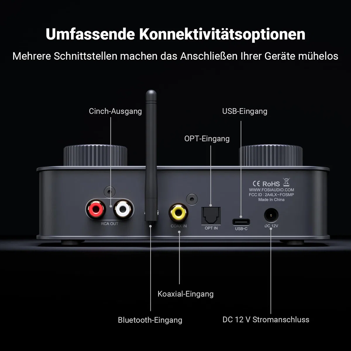 Fosi Audio K7 DAC Kopfhörerverstärker, USB-C-Digital-Analog-Audio-Konverter für Gaming-PC PS5, optischer/koaxialer/Bluetooth aptX HD LL-/Mikrofoneingang, 3,5 mm/4,4 mm symmetrischer/RCA-Ausgang
