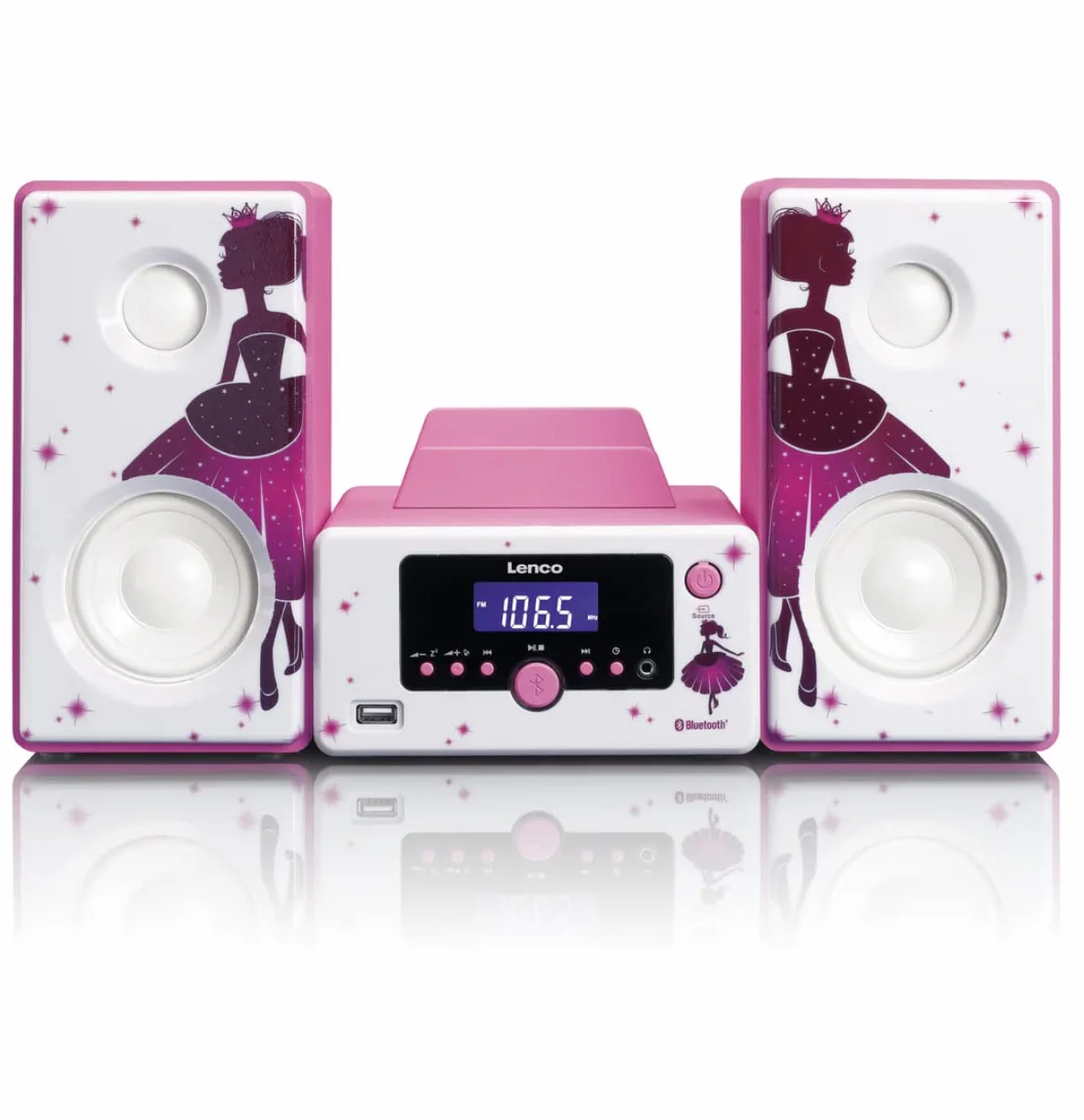 Lenco Stereoanlage MC-020 Kompaktanlage mit Bluetooth, USB und UKW-Radio (Weckfunktion, USB-Lader, Aux, Kopfhörerbuchse) 2 x 5 Watt (RMS), Princess