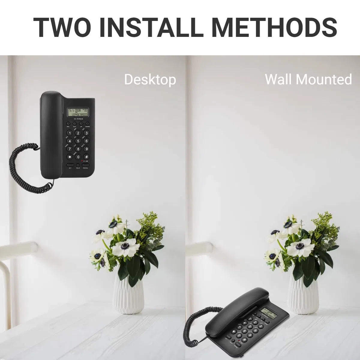 Schnurgebundenes Telefon, schnurgebundenes Tischtelefon mit Telefonkabel, großen Tasten, einstellbarer Lautstärke, Festnetztelefon für Home Office Hotel, unterstützt FSK/DTMF Dual System(Schwarz)
