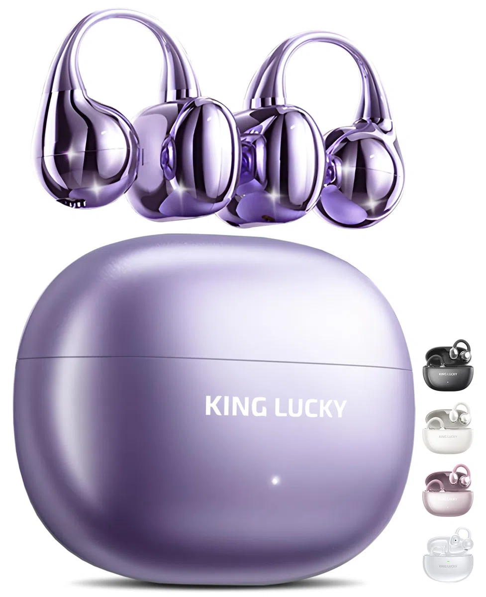 King Lucky Open-Ear-Kopfhörer Kabellos Bluetooth 6.0–Clip-On-Ohrhörer mit Mikrofon,50h Spielzeit,ENC,IPX5 Wasserfes –Komfortabel für kleine Ohren&Brillenträger,Ideal für Sport (Lila, Standard)