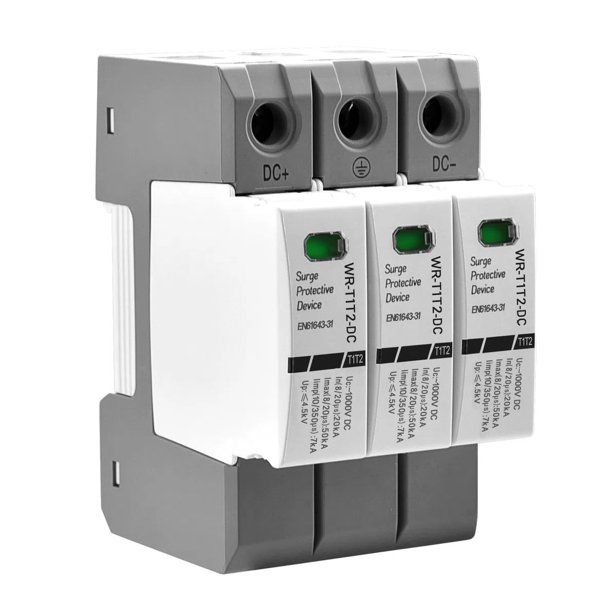 Heschen DC-Überspannungsschutzgerät für PV, WR-T1T2-DC, 3P 1000 VDC, In 20 KA, Iimp 7 KA, T1+T2-Typ, feuerfest, 35-mm-DIN-Schienenmontage