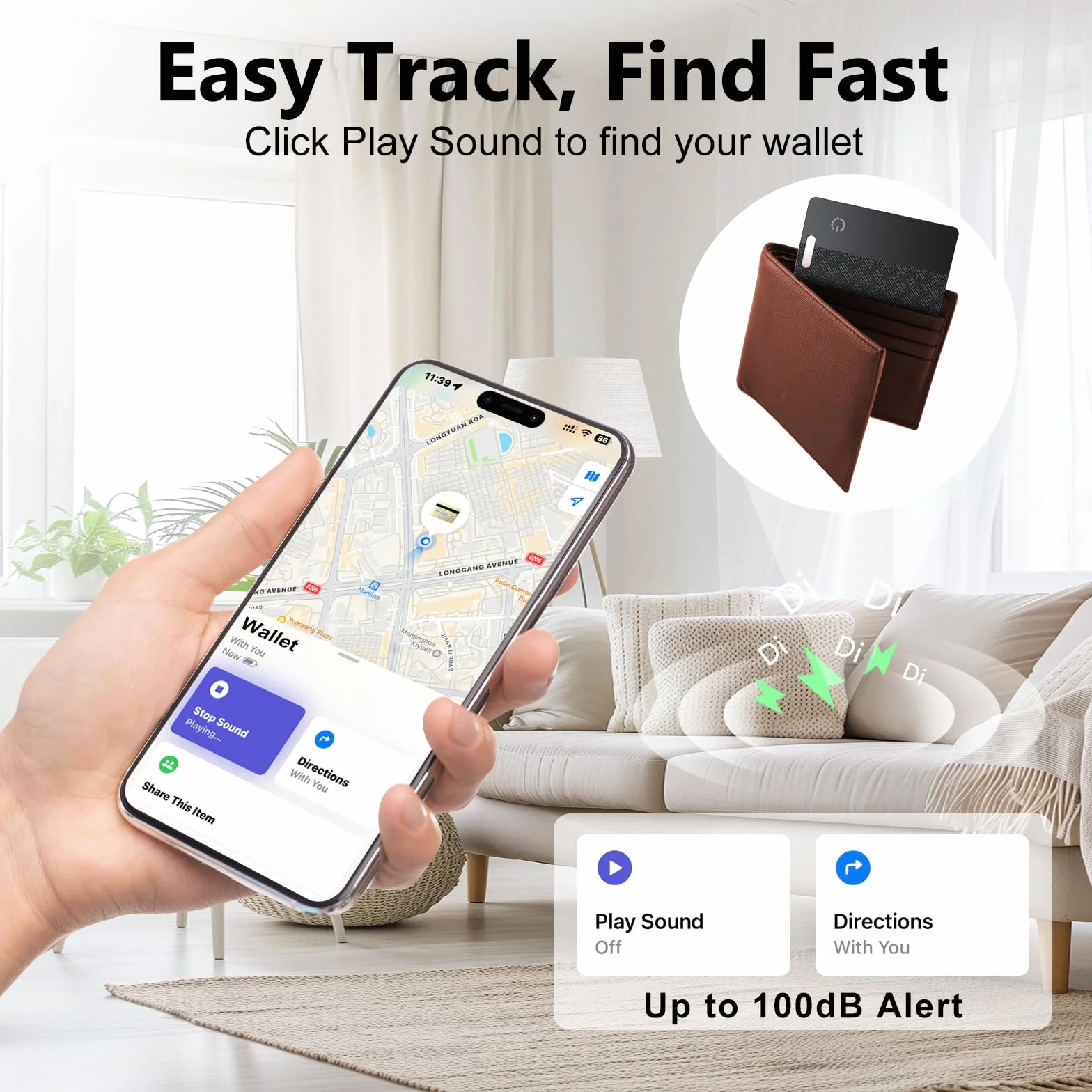 Dünne Geldbörsen-Tracker-Karte (nur iOS), Tracking Card mit Apple Find My, GPS Tracker, Unterstützt Kabelloses Laden, 10 Jahre Batterielaufzeit für Wallet, Reisepässe, Gepäck, Reisepässe, Schwarz