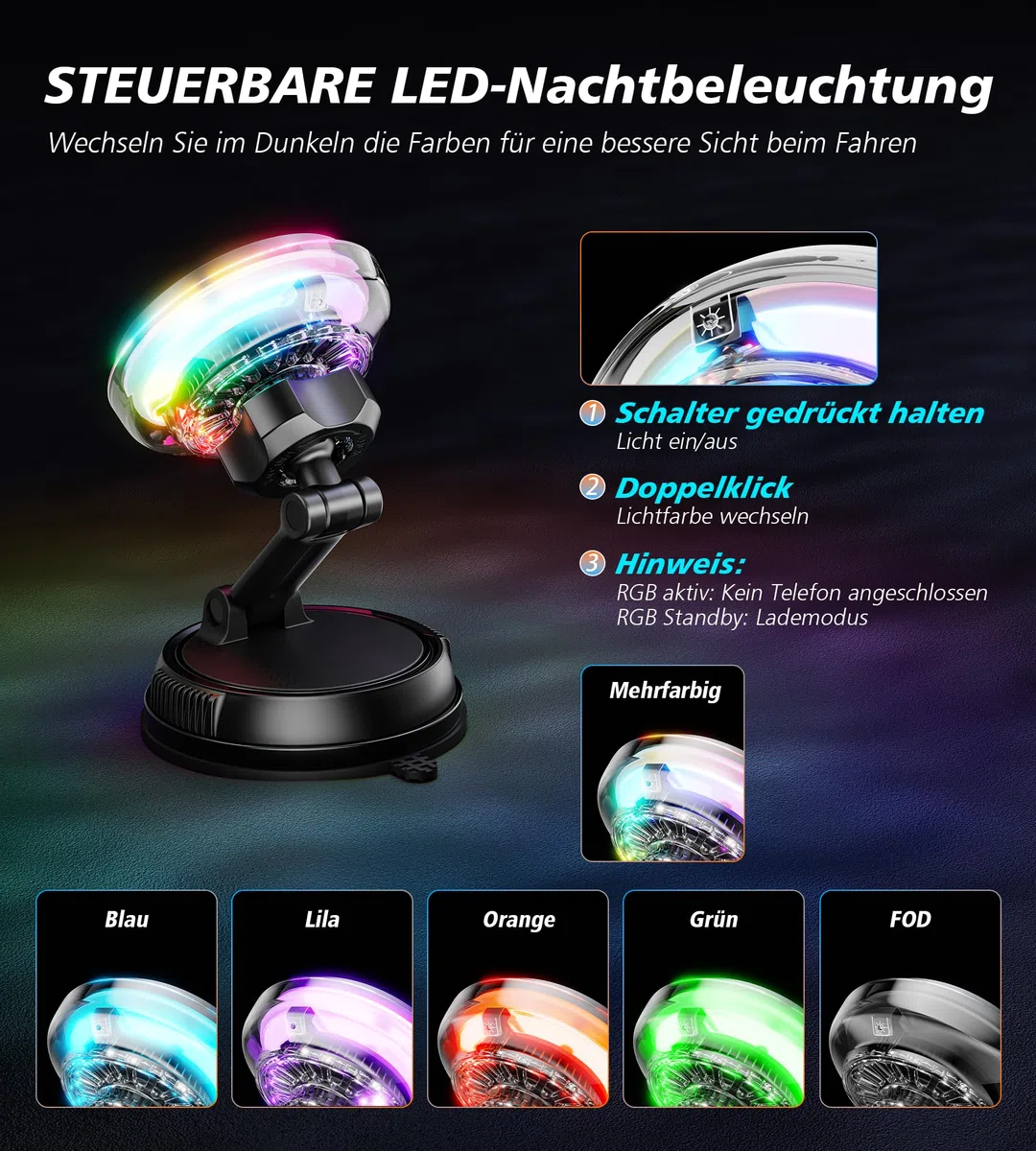 für 15W MagSafe Autohalterung Ladegerät mit Kühlventilator, [Schnellladen Handykühlung RGB Beleuchtung] 78+ lbs Starke Saugkraft Magnet Kabelloses Handyhalterung Auto,für iPhone 17/16/15/14/13/12