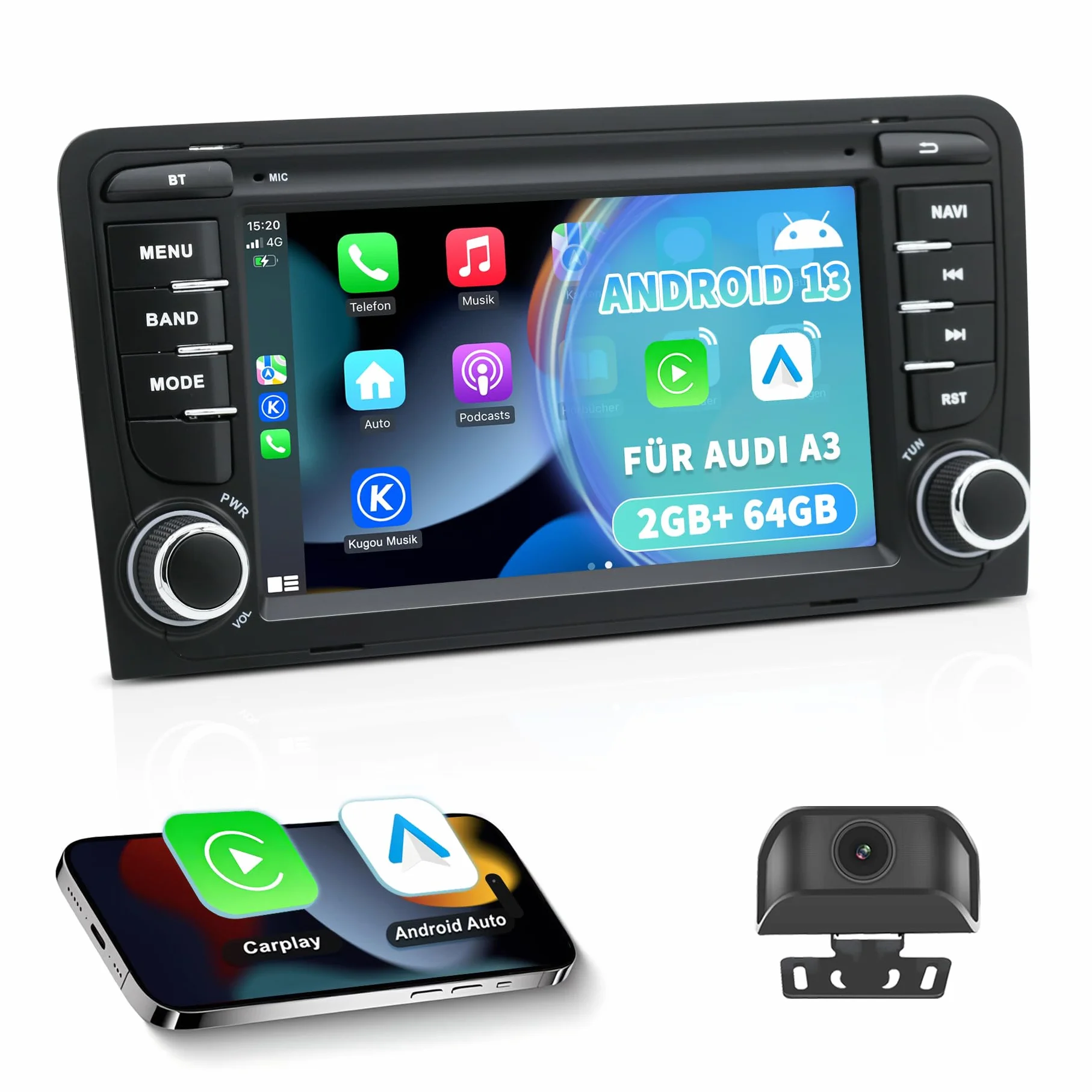 Autoradio Android 13 für Audi A3/S3/RS3 8P 2003 2004 2005 2006 2007 2008 2009 2010 2011 2012, 7 Zoll HD Touchscreen, Wireless CarPlay/Android Auto, GPS, WLAN, Bluetooth + HD-Rückfahrkamera SWC