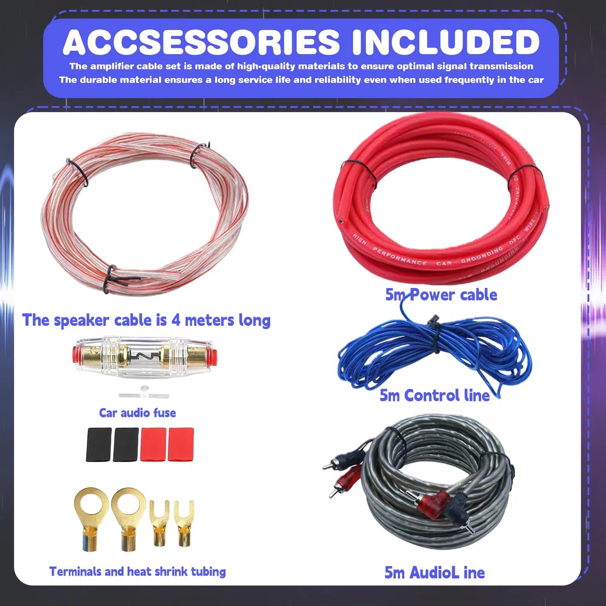 7Pcs Kfz Verstärker Kabelsatz, 4GA Subwoofer Kabel Set mit Sicherung, 5m Endstufe Kabel Set & Installations-Set für Verstärker und Subwoofer, Car Audio Wire HiFi-System Kfz