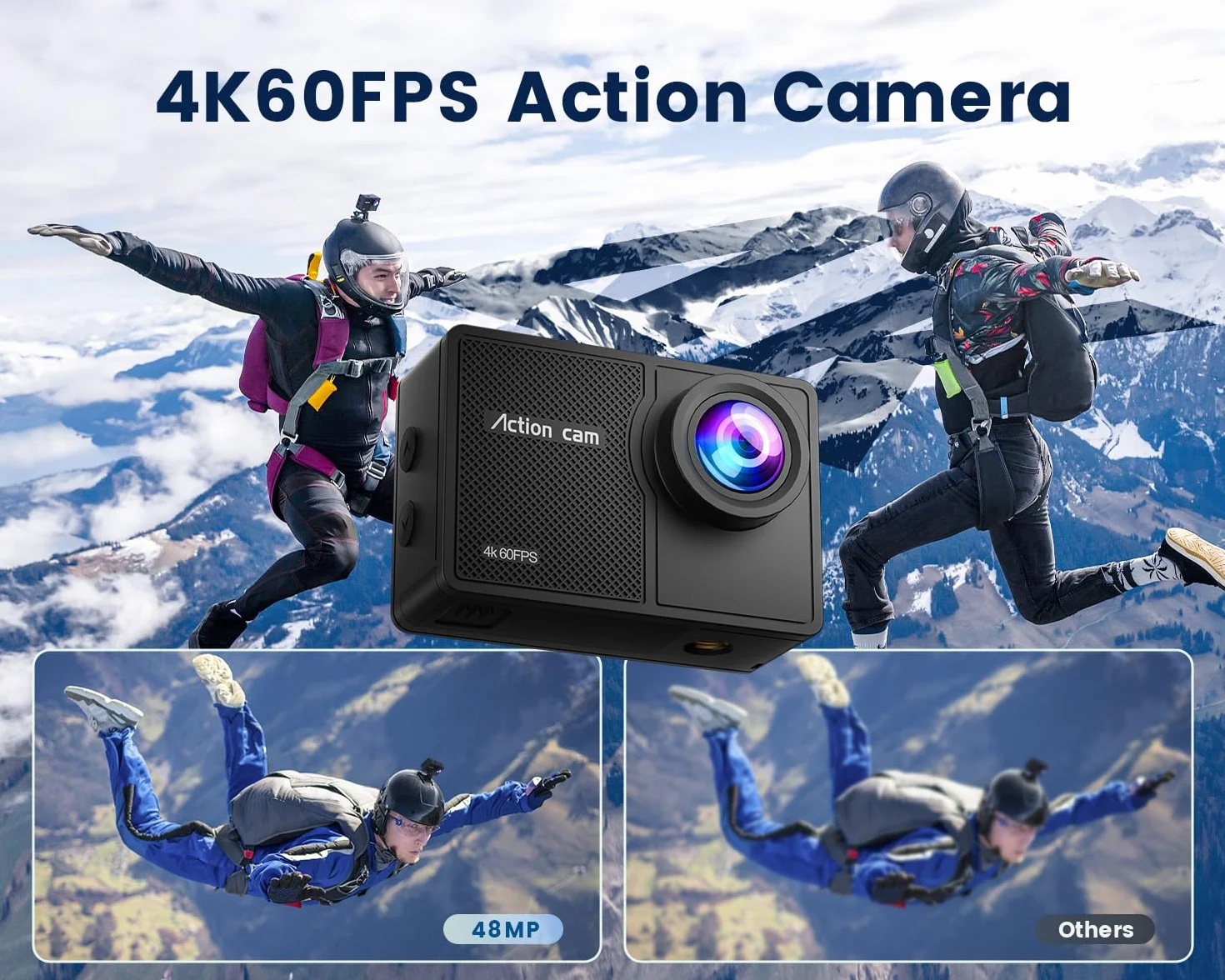 Action Cam Wasserdicht 4K60FPS 64GB Karte 131FT Unterwasserkamera 8X Zoom WiFi Helmkamera 48MP Stabilisierte Actionkameras mit Fernbedienung 2x1350 Batterien