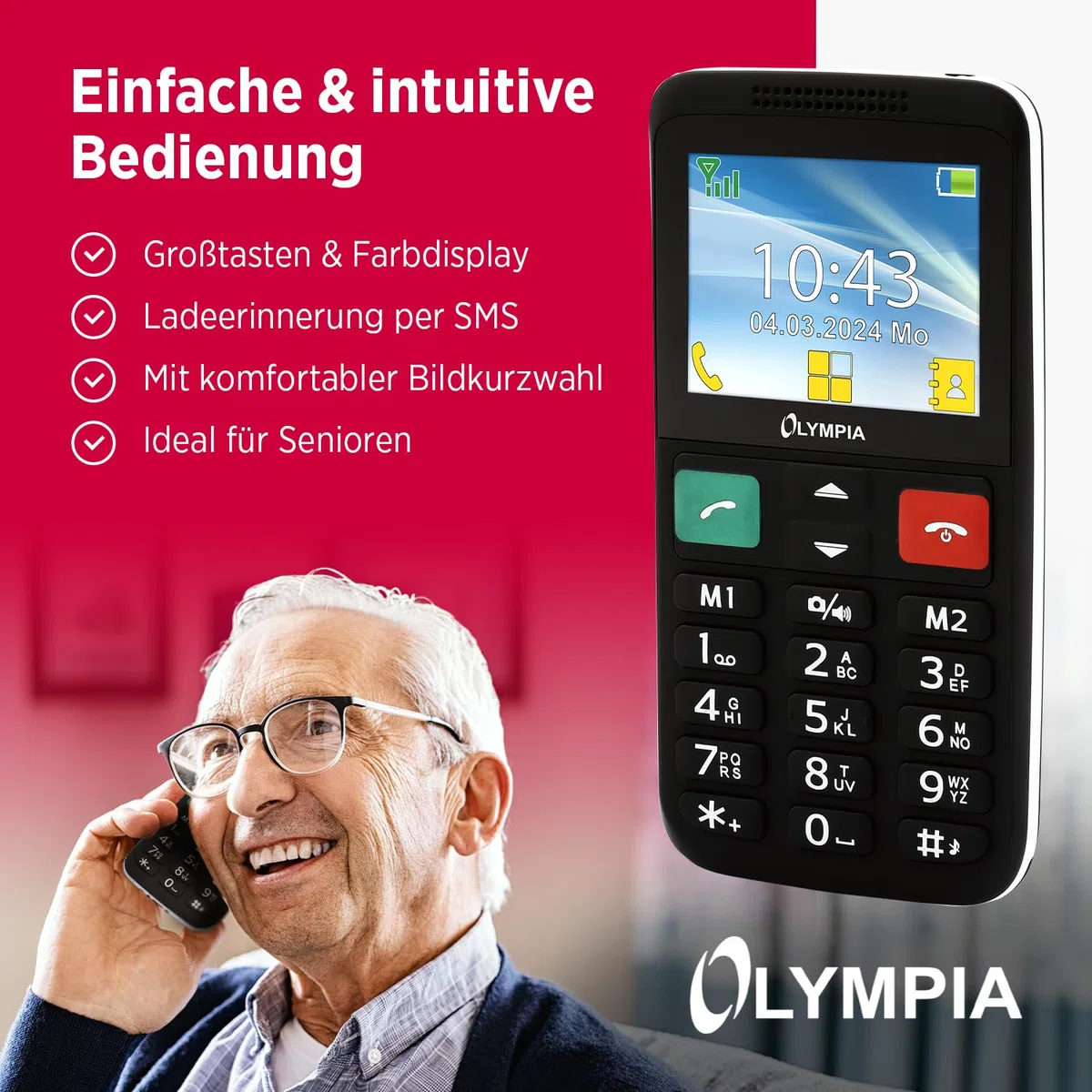 Olympia Mobiltelefon LUX | Komfort-Mobiltelefon mit Großtasten | Farb-Display | SOS-Taste | Seniorenhandy ohne Vertrag | Dual SIM, MicroSD-Slot, Bluetooth | Taschenlampe | inkl. Ladeschale | Schwarz