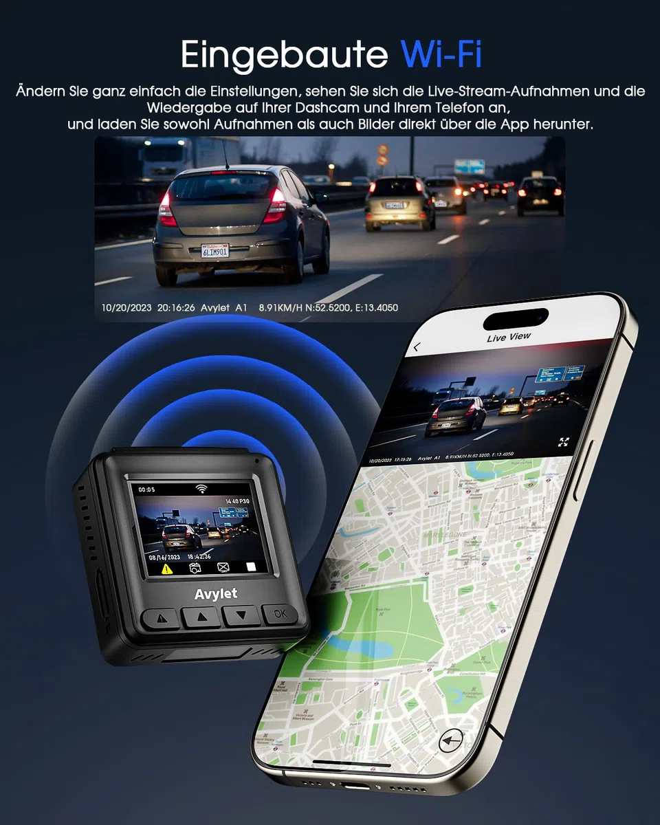Avylet Dashcam 2K 1440P WiFi Mini Autokamera mit externem GPS 1.5" IPS-Bildschirm APP Super Nachtsicht WDR 24/7 Parküberwachung Loop-Aufnahme G-Sensor