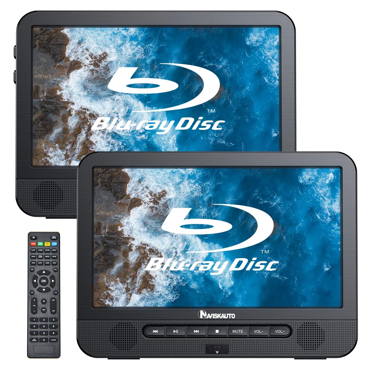 NAVISKAUTO Blu Ray DVD Player Auto 2 Bildschirme 10,1" Mit 4 Stunden Akku, tragbarer Bluray DVD Player 2 Monitore Kopfstütze HDMI Ausgang USB SD