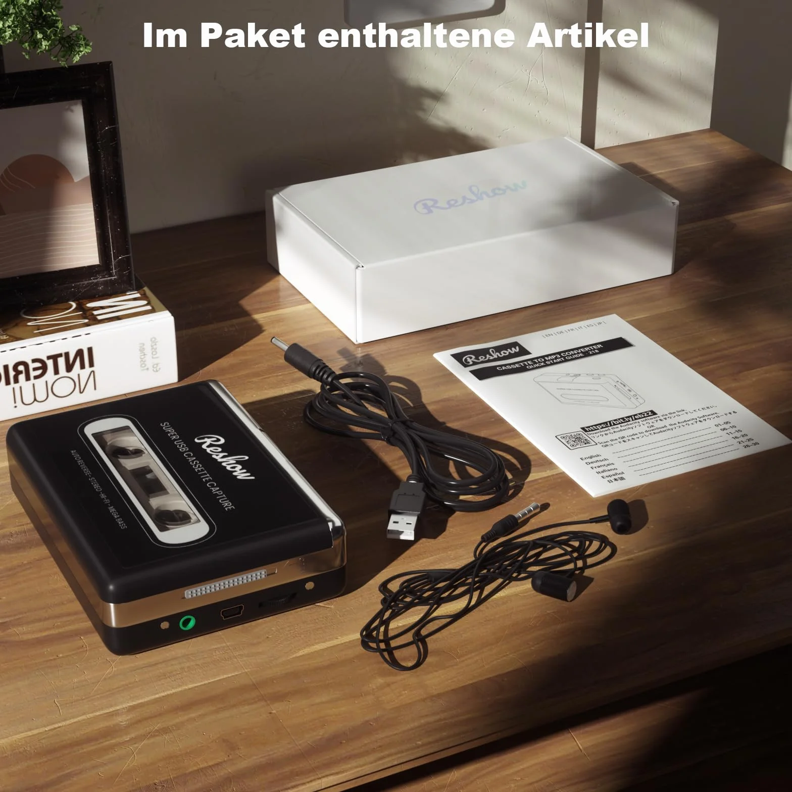 Reshow tragbarer Kassettenspieler, Bandkassetten über USB in MP3 umwandeln & MP3-Musik aufnehmen – Schwarz