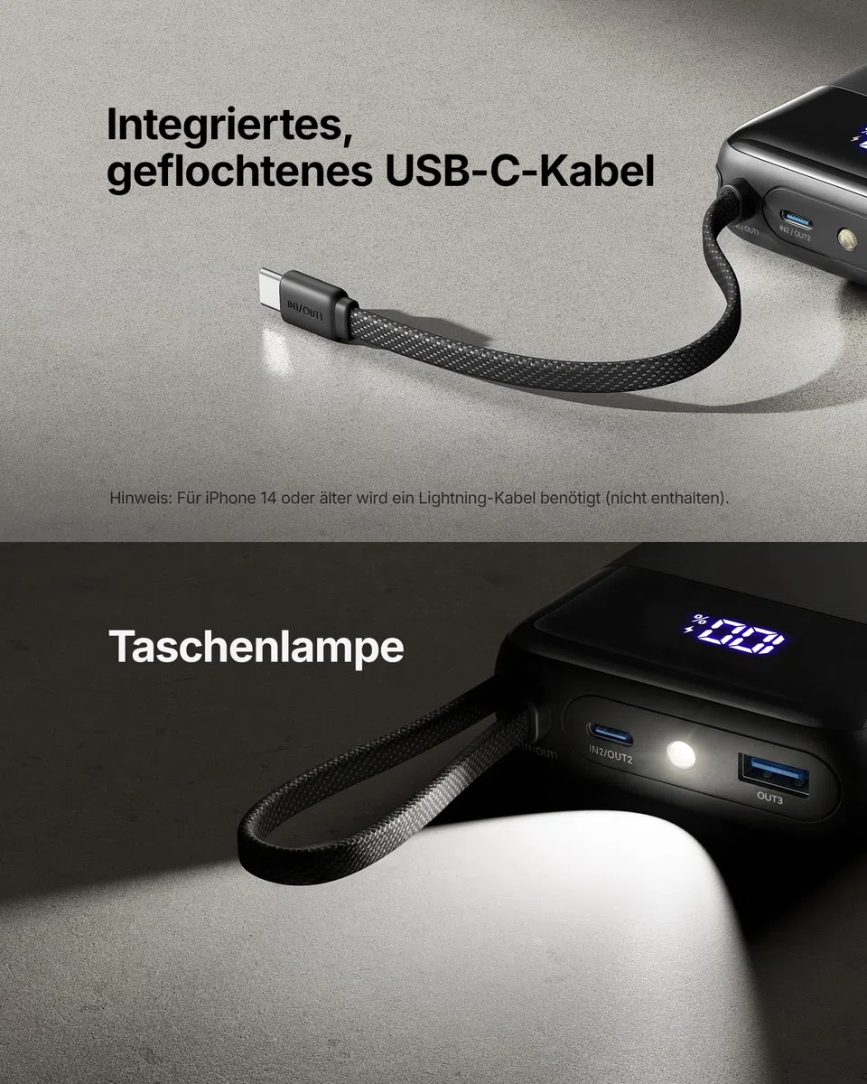 INIU 45W Power Bank, Ultra Klein 20000mAh Powerbank mit Integriertem USB C Kabel, Schnellladen Externe Handyakkus, Flugzeug Geeignet, Reise-Essential für iPhone 17 16 15, Samsung S22, Xiaomi, iPad etc