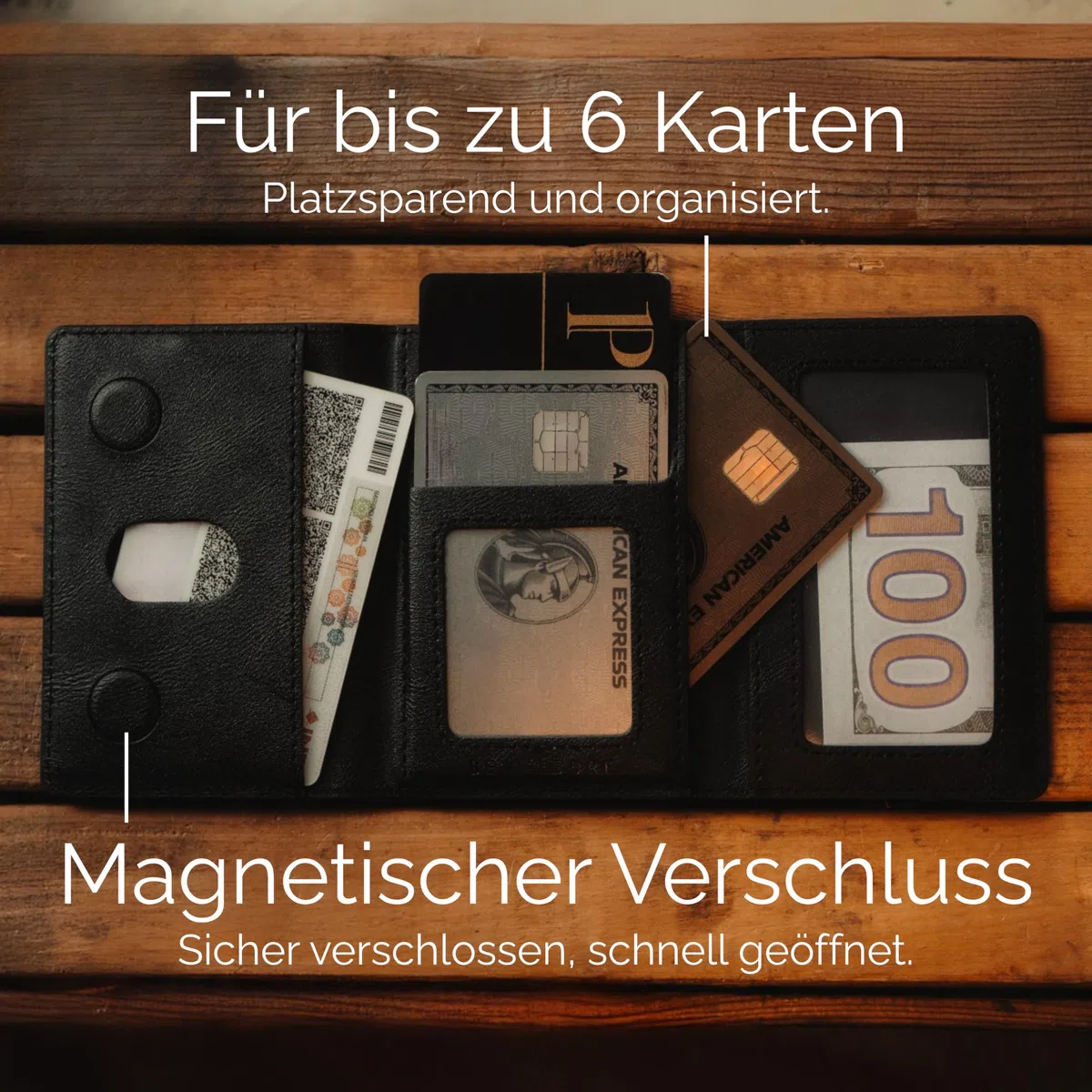 MagSafe Kartenhalter – Magnetischer Kartenhalter aus Leder für iPhone 17/16/15/14/13/12 – Platz für bis zu 6 Karten – Slim Wallet fürs Handy – Starke Magnetkraft, schlankes Design (Schwarz)
