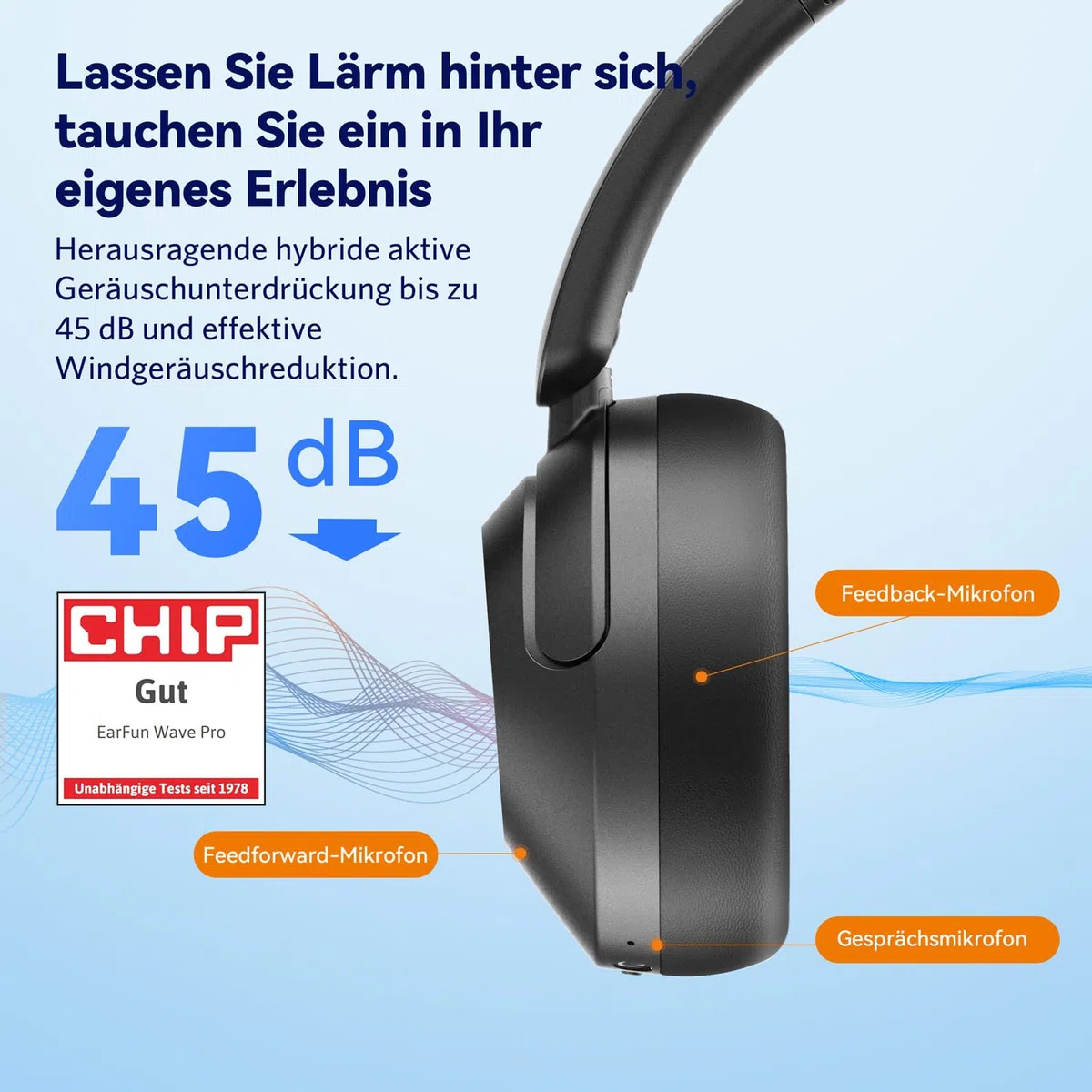 EarFun Wave Pro Over Ear Kopfhörer Kabellos Bluetooth, Hybrid Aktive Noise Cancelling, Hi-Res Audio, LDAC, 80 Std Akku, Bequemer Halt, 5 Mikrofone Kristallklare Anrufe, Bluetooth Multipoint, EQ in App