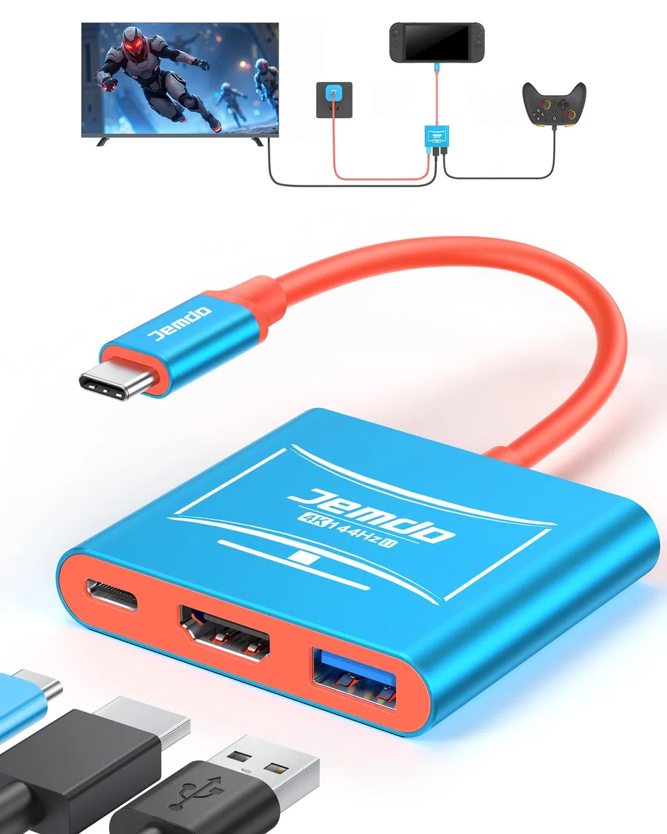 JEMDO Switch 2 Dock für TV (V22.0.0), HDMI Adapter 4K@144Hz HDR, HDMI 2.1 USB-C Hub mit 48Gbps, USB 3.2 & 100W PD Schnellladen, tragbare Travel Dock kompatibel mit Switch 2 / OLED / 2017