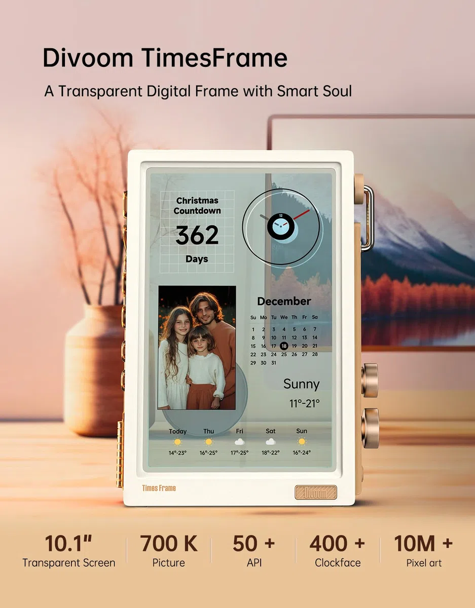 Divoom Times Frame Digitaler Bilderrahmen 10.1 Zoll 64GB Speicher IPS HD 1280x800 Transparent