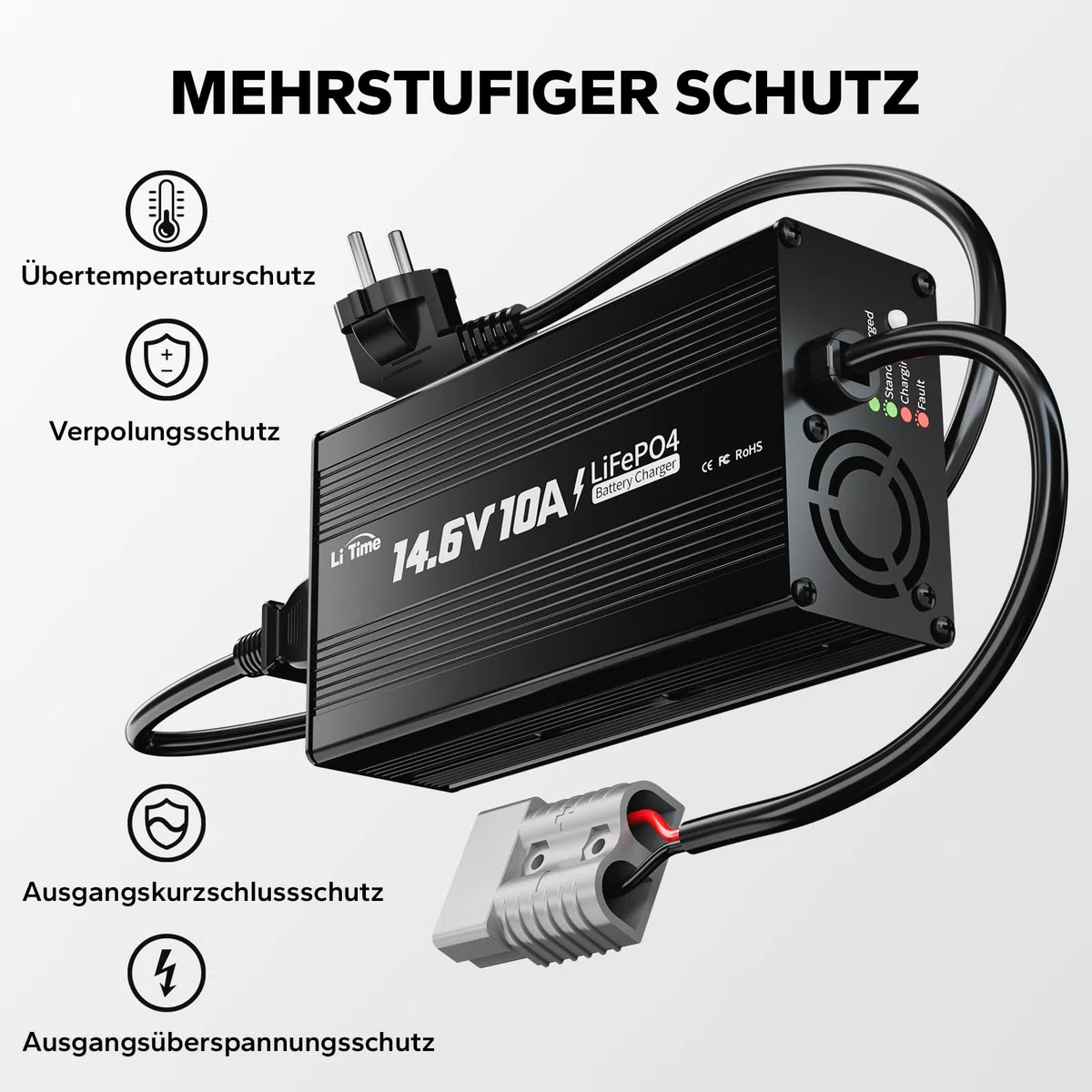 LiTime 12V 10A Batterieladegerät, 14,6V AC-DC LiFePO4 Lithium-Batterie-Ladegerät mit Anderson-Anschluss LED-Anzeige Ladegerät speziell für Deep-Cycle-Akkus für Womos, Häuser, Insel- & Solaranlagen