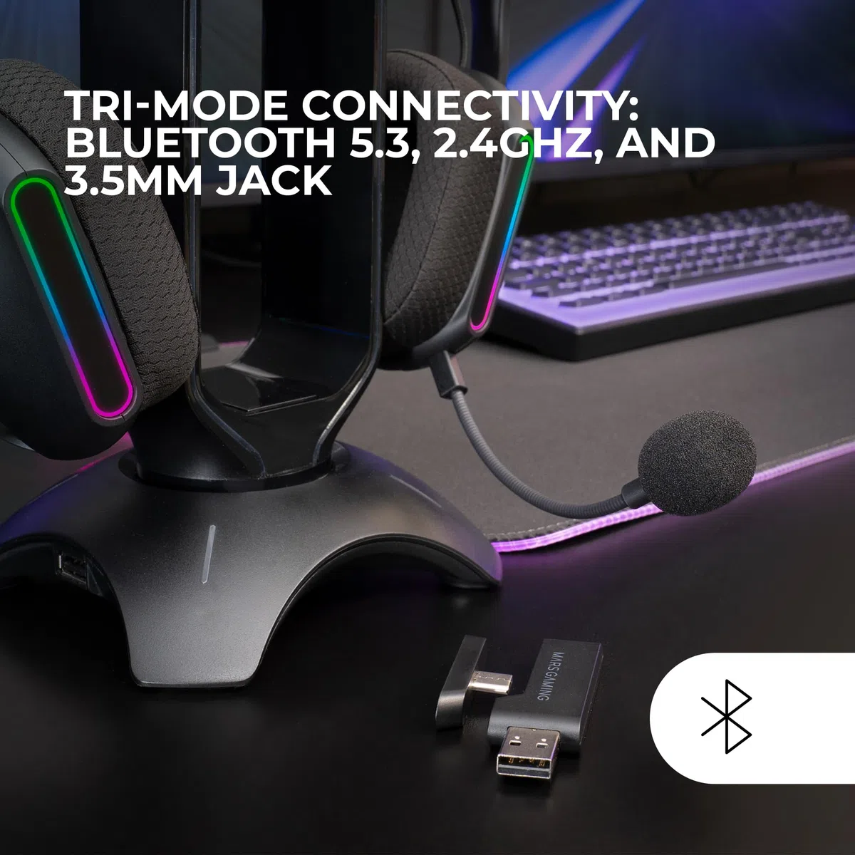 Mars Gaming MHW-PRO, Kabelloses Gaming-Headset ARGB Flow, 3D Surround Sound 7.1, Bluetooth 5.3 + 2.4GHz + 3,5-mm-Klinke, Ultraleichtes Ergonomisches Design, Duales Mikrofon, Multiplattform, Schwarz
