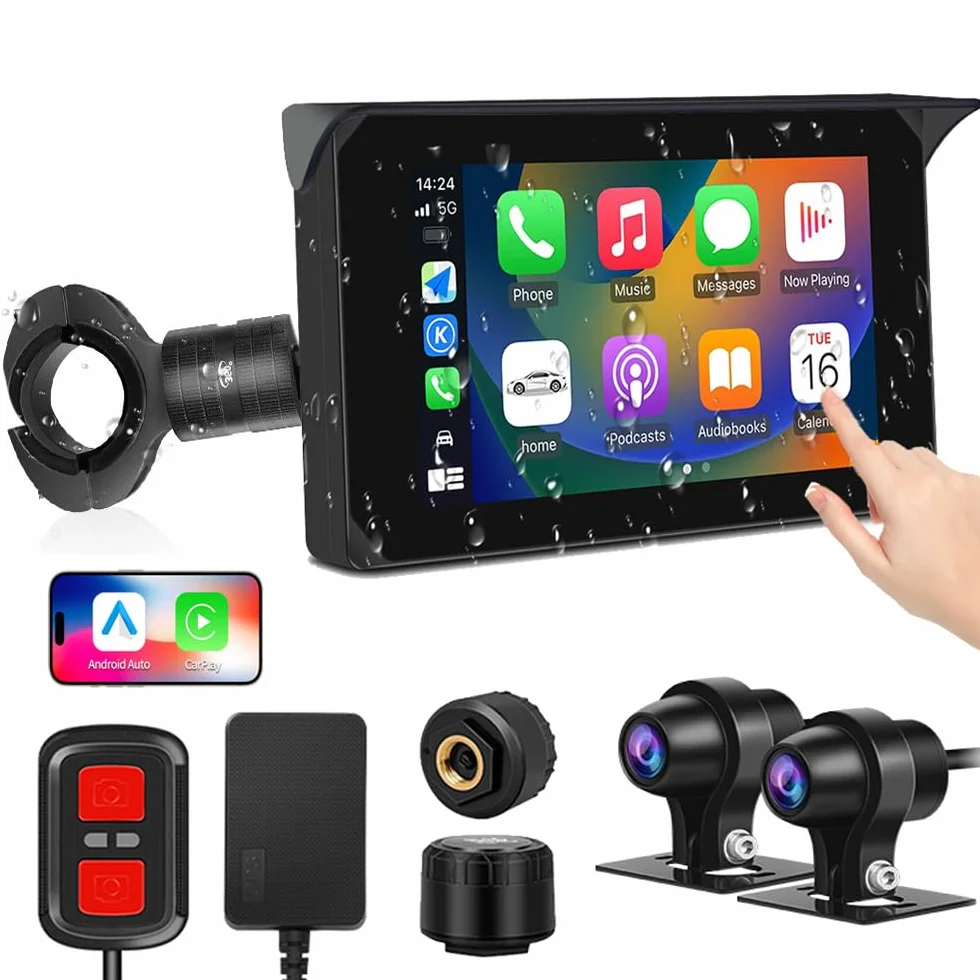 VSYSTO Motorrad Carplay Bildschirm, Wireless Carplay und Android Auto, GPS Navigation, Reifendrucksensoren, Touchscreen WiFi HD 1080P Vorder- und Hinterkamera Motorrad Dash Kamera (CS5)