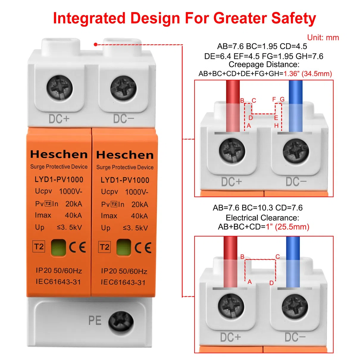 Heschen 1 Stück Überspannungsschutz, LYD1-PV1000, Typ2 1000VDC 20KA 2P, DC Ableiter, 35mm DIN-Schienenmontage,Breite Anwendungsmöglichkeiten für Photovoltaiksysteme