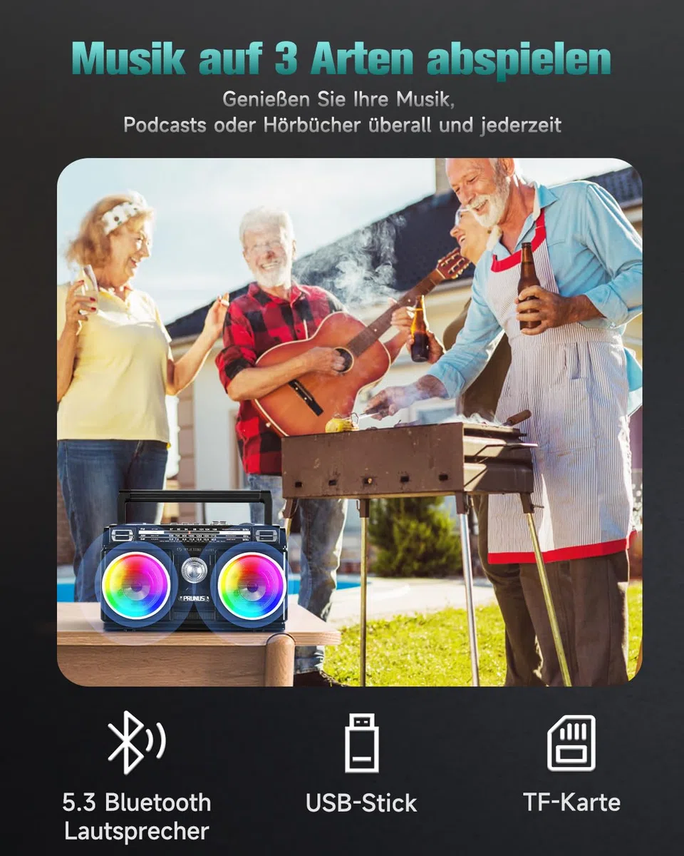 PRUNUS J-750 Retro Radio FM/AM/SW Transistorradio, Tragbares Radio mit 1800mAh Akku, Solar/USB-C Aufladbar, Buntes Licht, Nostalgie Radio mit Bluetooth Unterstützt USB/TF-Karte Spielen.