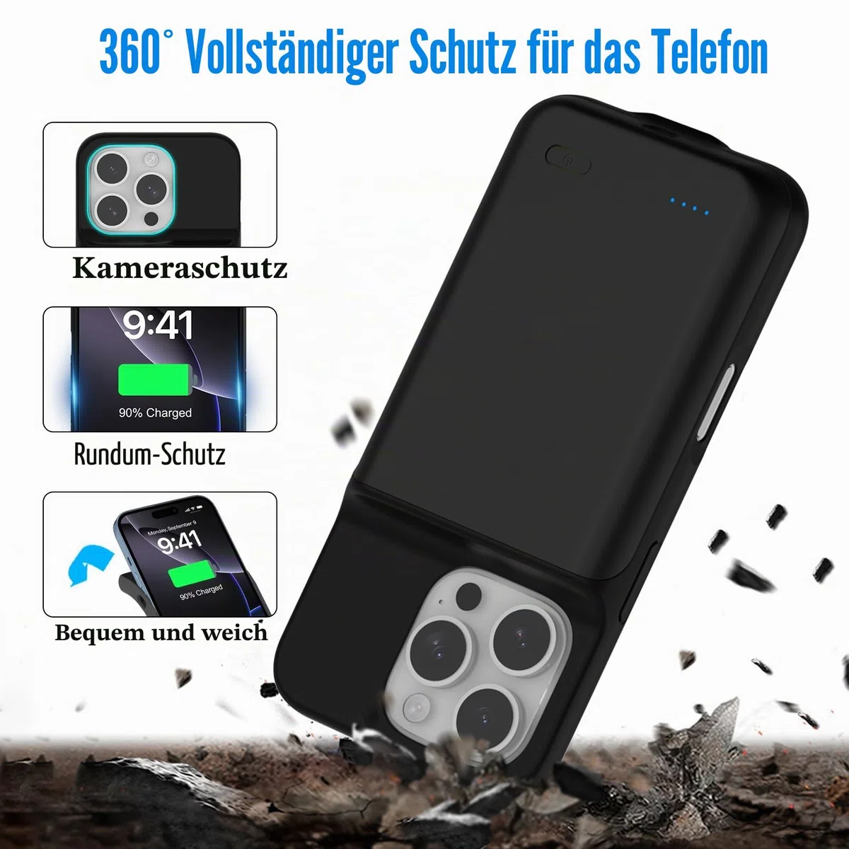 Akkuhülle für iPhone 16 Pro (6,3"), 7000mAh Powerbank Hülle ultradünn 15 W, Schnell Tragbares Ladegerät Battery Case, 360°-Schutz, Erweiterter Akku Ladehülle für iPhone 16 Pro, Schwarz
